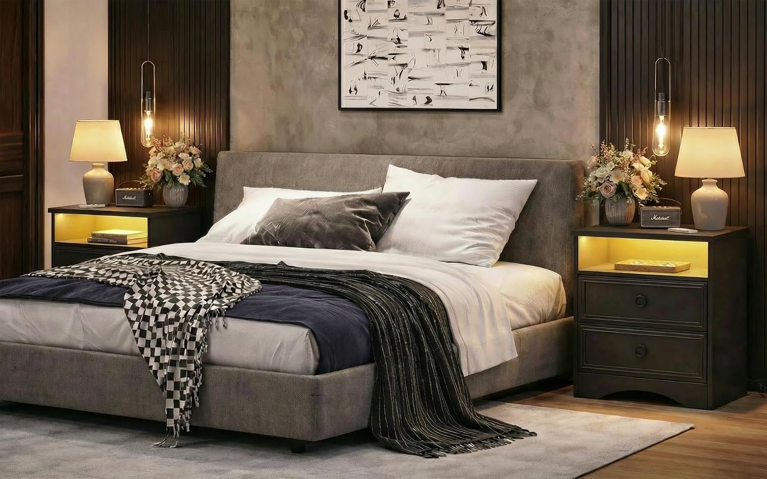 Large Nightstand Set of 2 with Drawers,17.7'W Accent Night Stand with Charger Station LED Lights, Bed Side Table with 2 Drawers, End Table with Easy Open Storage for Bedroom, Living Room,Black