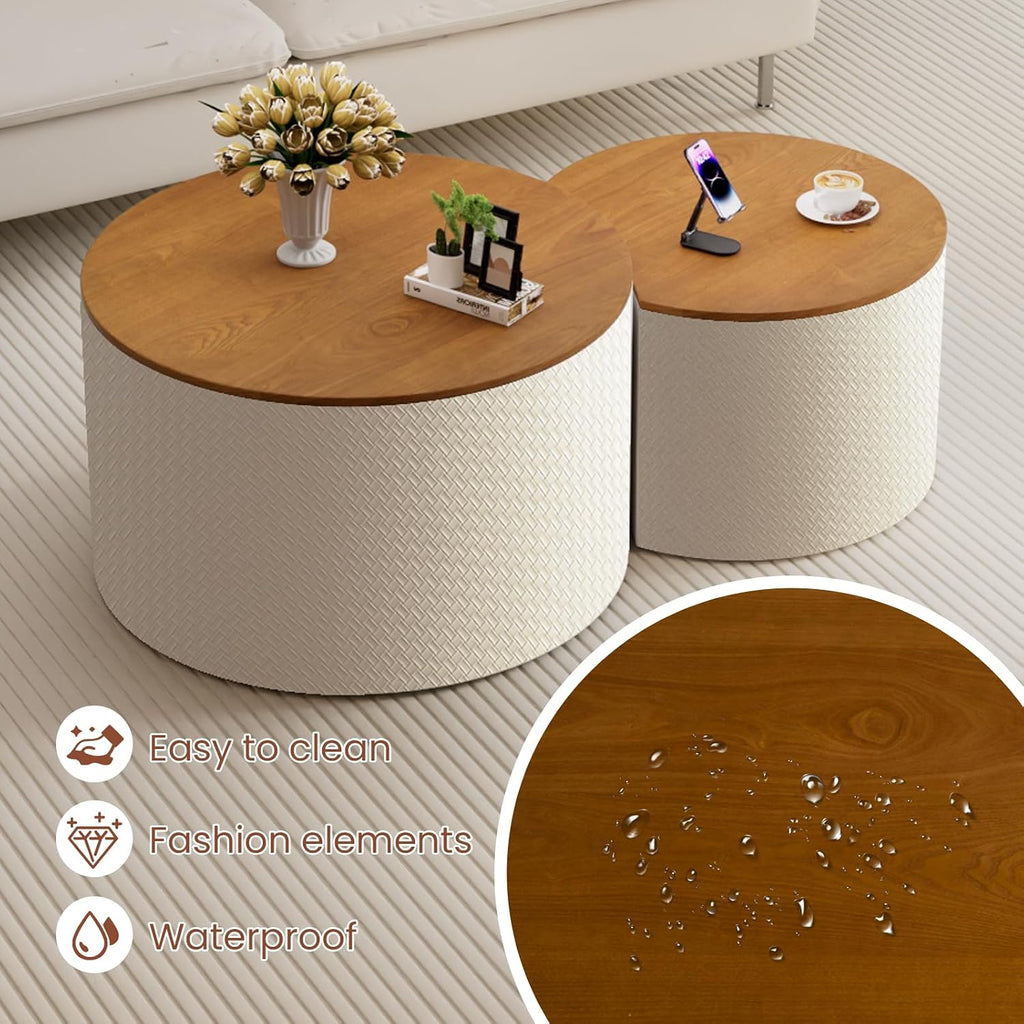 Round Nesting Coffee Table Set of 2 with Storage Modern Wood Coffee Table MDF Frame and Leather Surface Center Table End Side Table for Living Room Bedroom Office, No Assembling (White)