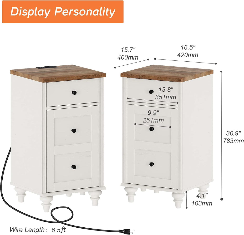 Nightstands with Charging Station, Set of 2 Wood End Table with Drawer and Storage Cabinet, Modern Side Tables Living Room Set of 2, Farmhouse Night Stands Bedside Table for Bedroom, White/Oak