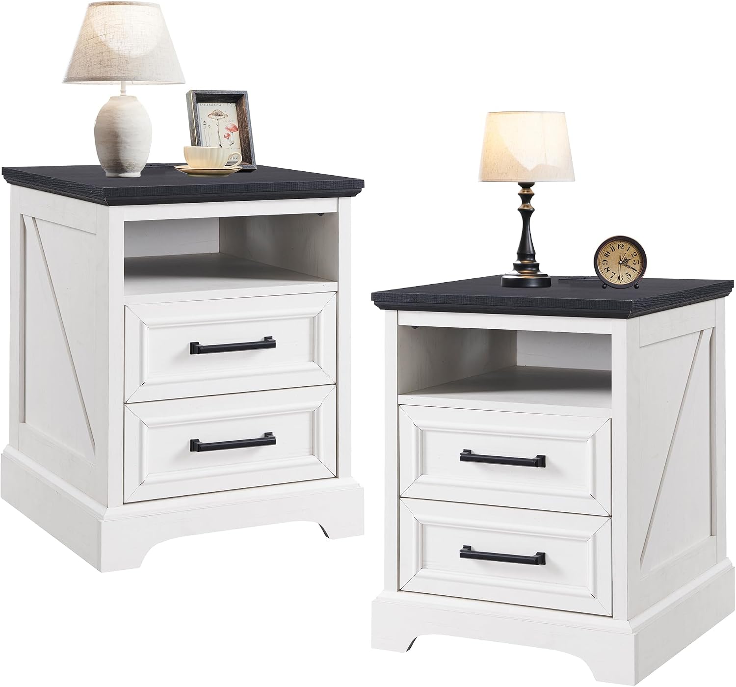 ACCOHOHO 18' Farmhouse Nightstand Set of 2 with Charging Station,End Table with 2 Drawers Storage,Side Table,Bedside Cabinet for Bedroom,Living Room, Antique White