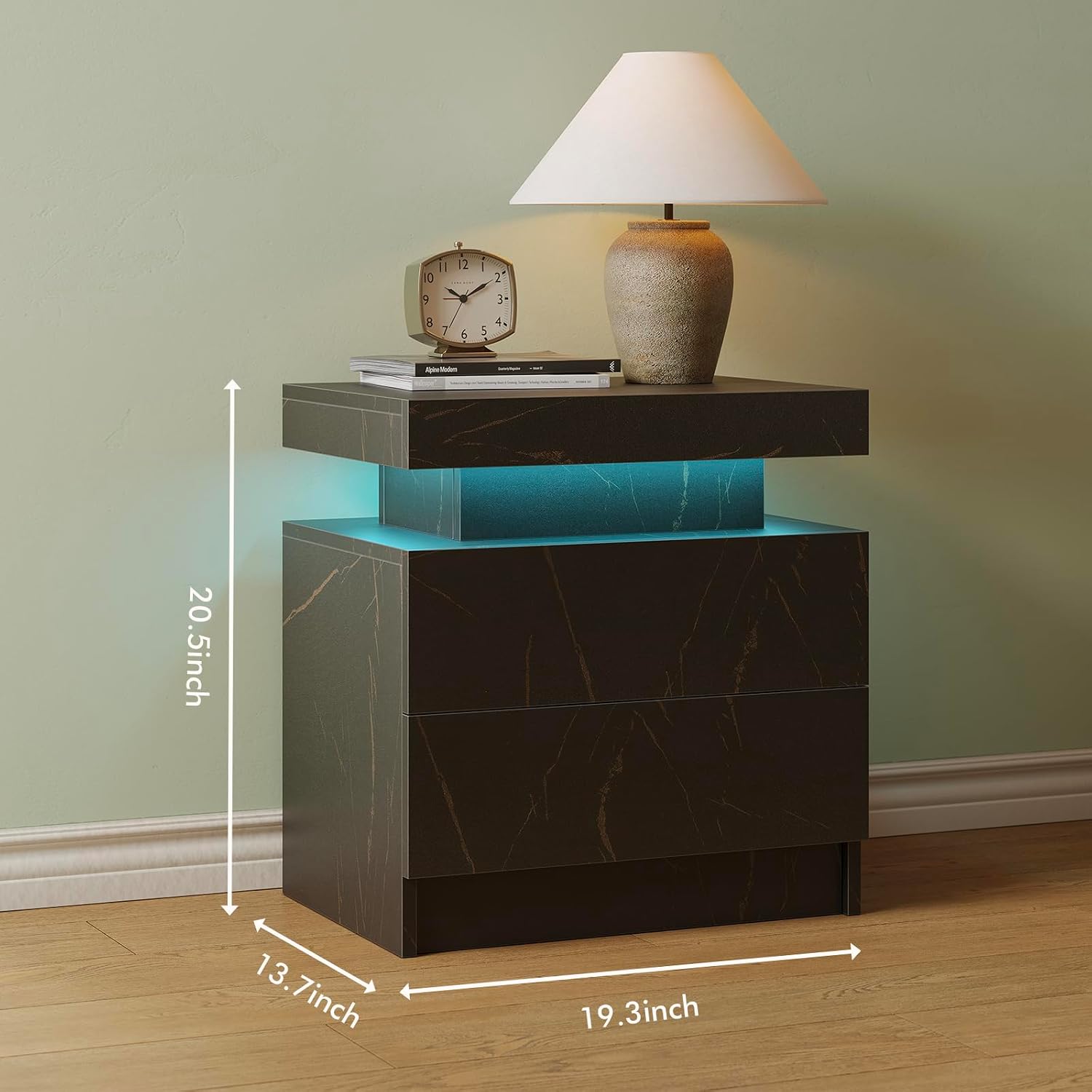 Cubehom Nightstands Set of 2, Bedside Tables with LED Lights, Night Stands with 2 Wood Drawers, End Tables Set of 2 for Living Room/Bedroom