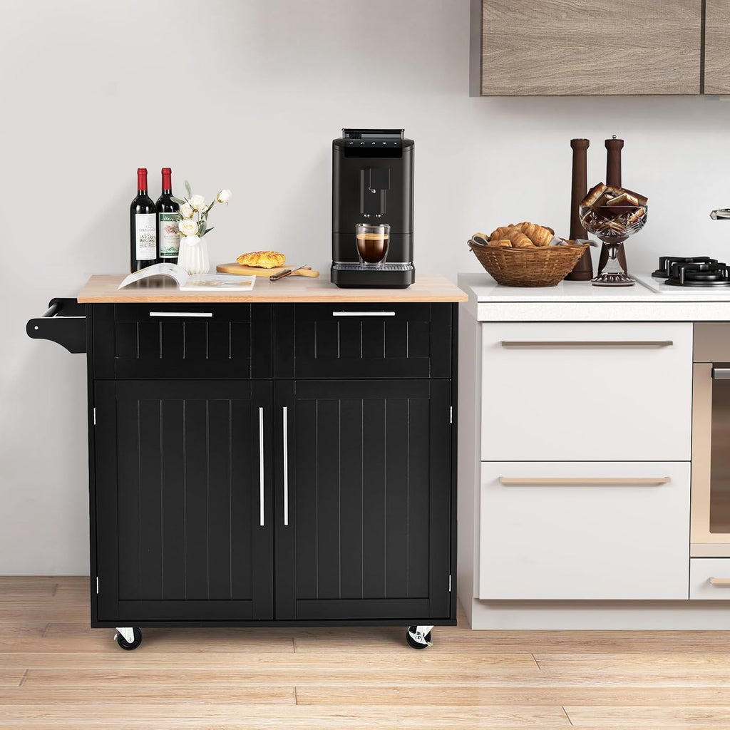 Kitchen Island with Storage, Mobile Kitchen Trolley Cart with Wheels, Rubber Wood Top, Adjustable Shelves, Towel Rack & Drawers, Rolling Kitchen Island Cart, 37' L x 18' W x 37' H (Black)
