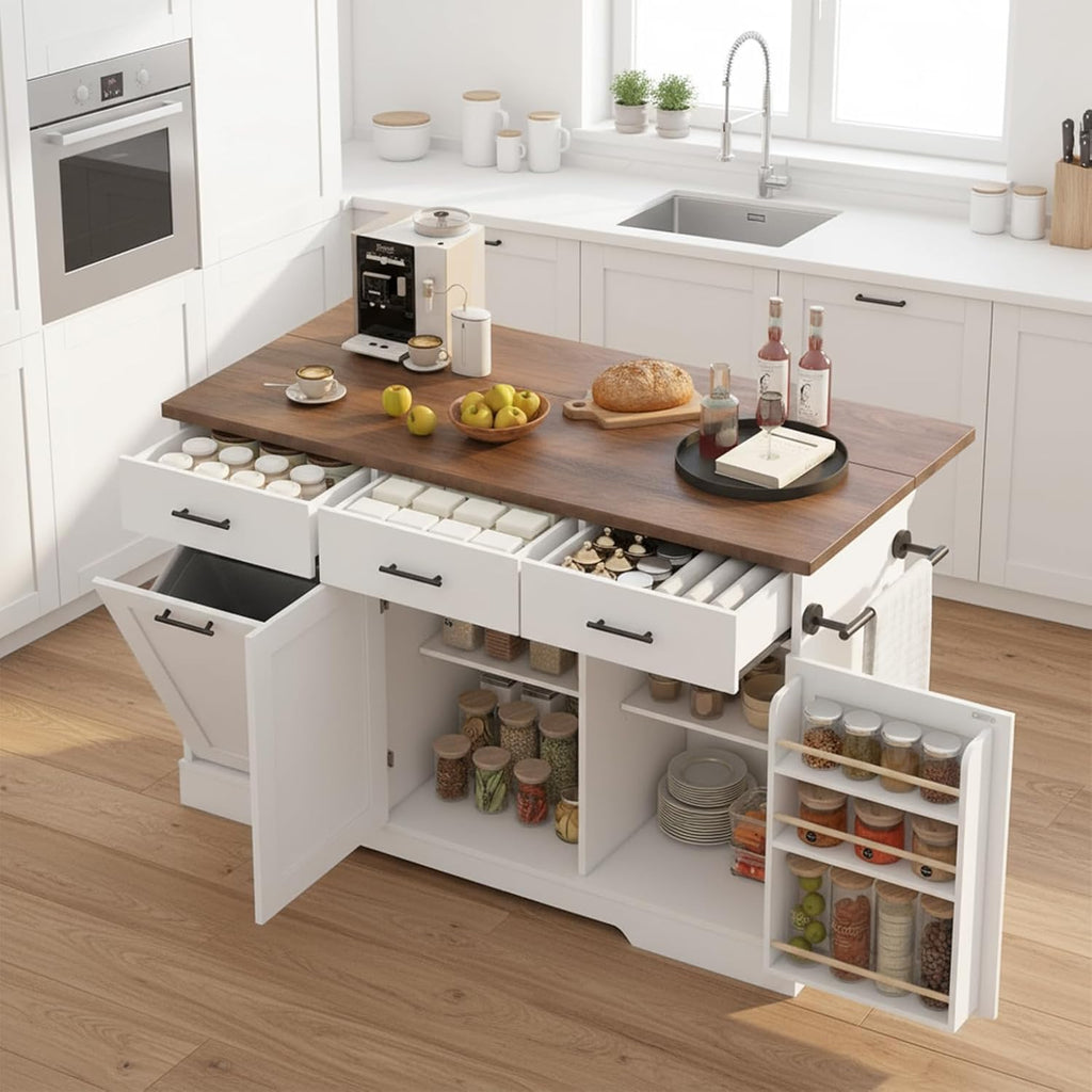 Kikihouse 55' Drop Leaf Kitchen Island Table with Power Outlet, Large Stationary Breakfast Bar with Storage Drawers, Trash Cabinet, Adjustable Shelves, Towel Rod & Spice Rack (White & Walnut)
