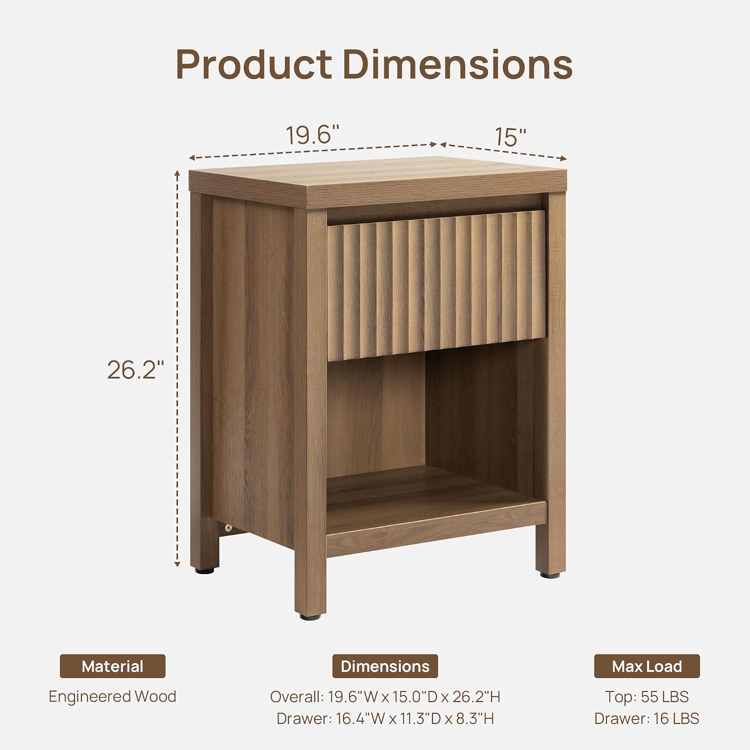 SICOTAS Fluted Night Stand Set of 2, Farmhouse Nightstands with Drawer, Boho Bedside Table with Storage Shelf, Large End Tables Bed Side Tables for Bedroom, Caramel Oak