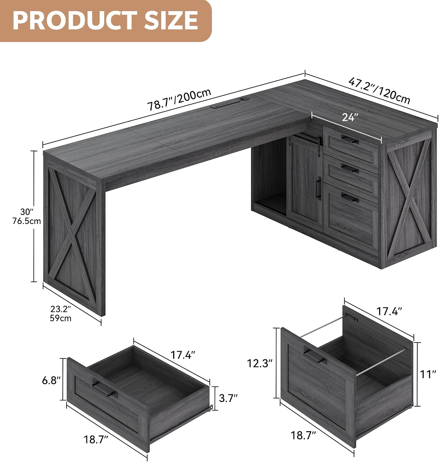 Farmhouse L Shaped Office Desk with Drawers 78 Inch L Shape Desk Executive Office Desk with File Cabinet Storage Shelves and Power Outlets for Home Office Dark Grey