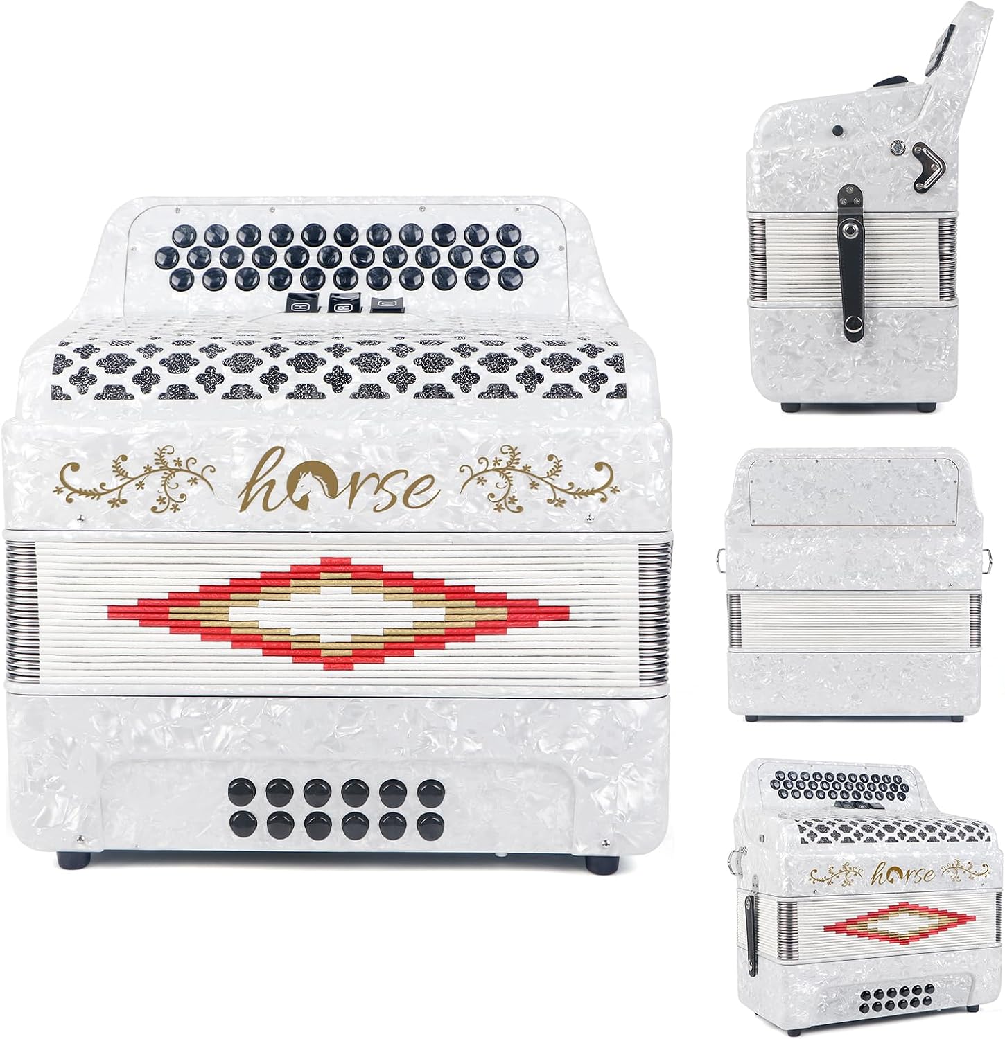 Horse 34 Key Accordion, FBE 12 Bass 3 Row, Made of Celluloid Louder & Clearer Timbre than Plastic,Accordions Instrument for Adults,W/Luxury Backpack,Straps,34 Buttons Acordeón Acordeones Para Adultos
