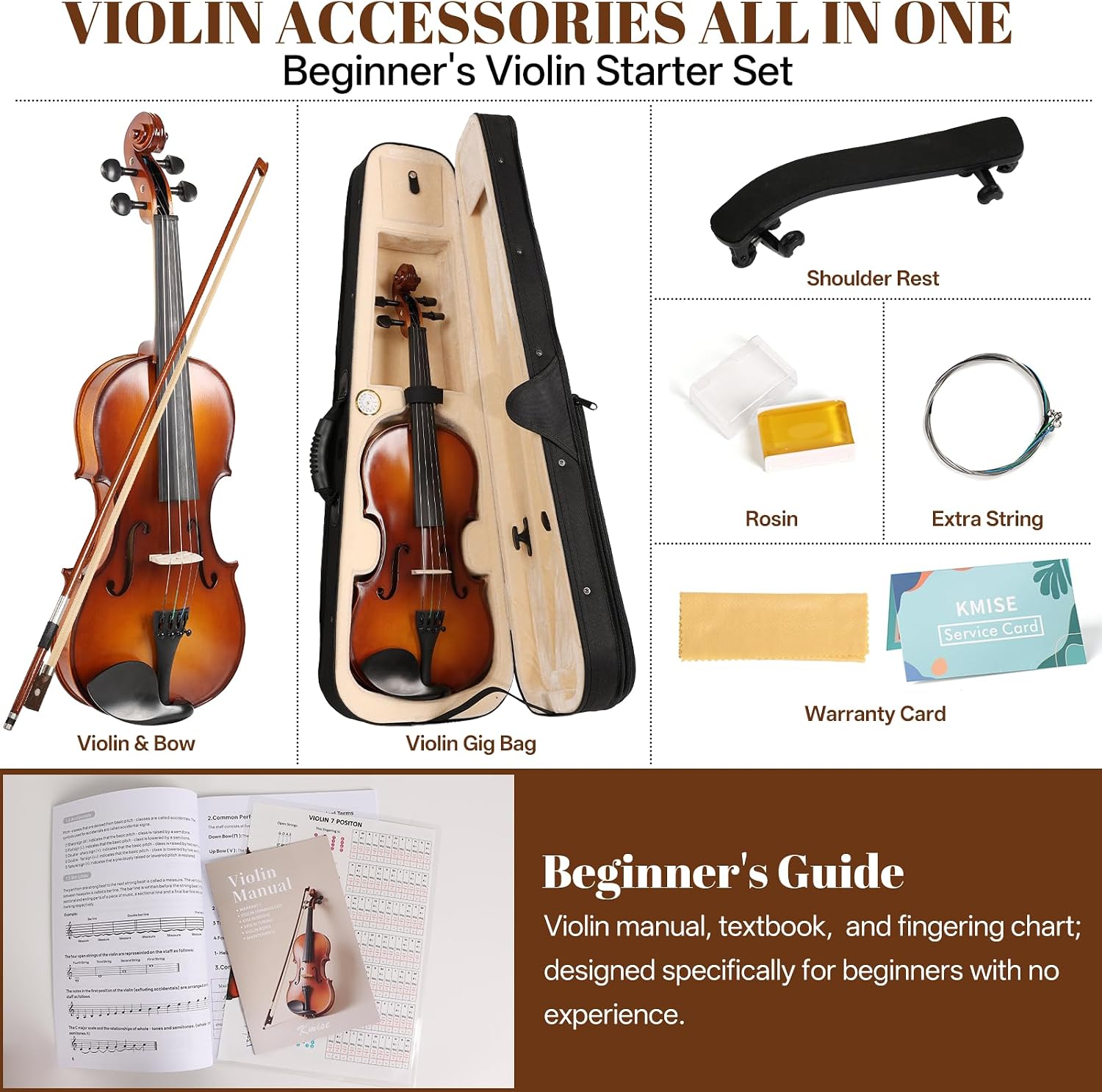 Kmise Violin 1/2 Full Set, High Density Ebony Violins, Glossy Acoustic Fiddle for Adults, Beginners, Students with Violin Case, Rosin, Strings, Bow, Shoulder Rest, Beginner's Guide (Ebony, 1/2)