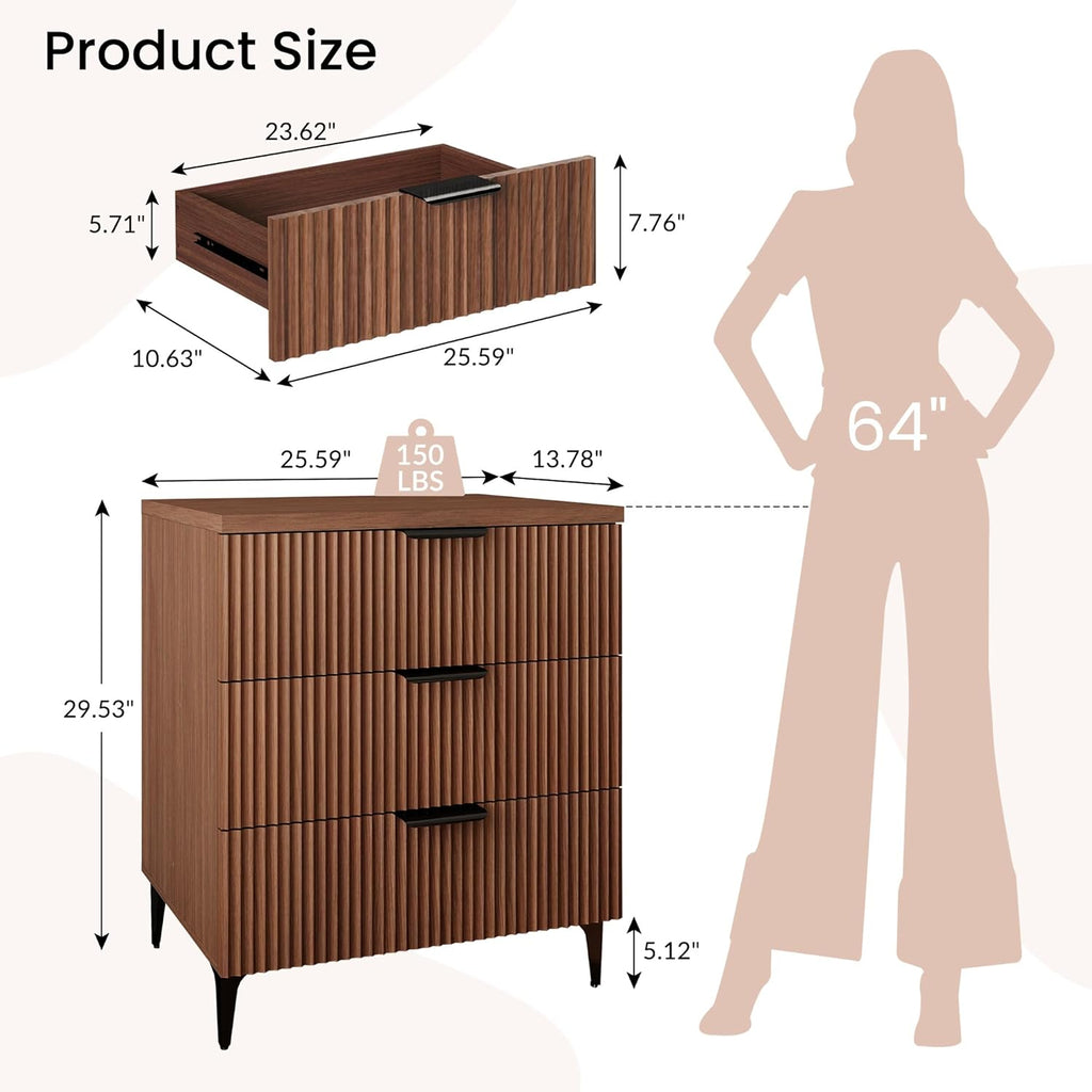 25.6'W Fluted Nightstand with 3 Drawer, Mid-century Modern Wood Night Stands Bedside Table for Bedroom King/Queen Bed, End Table with Robot-friendly Legs for Living Room,Entry (3 Drawers-1pcs-Walnut)
