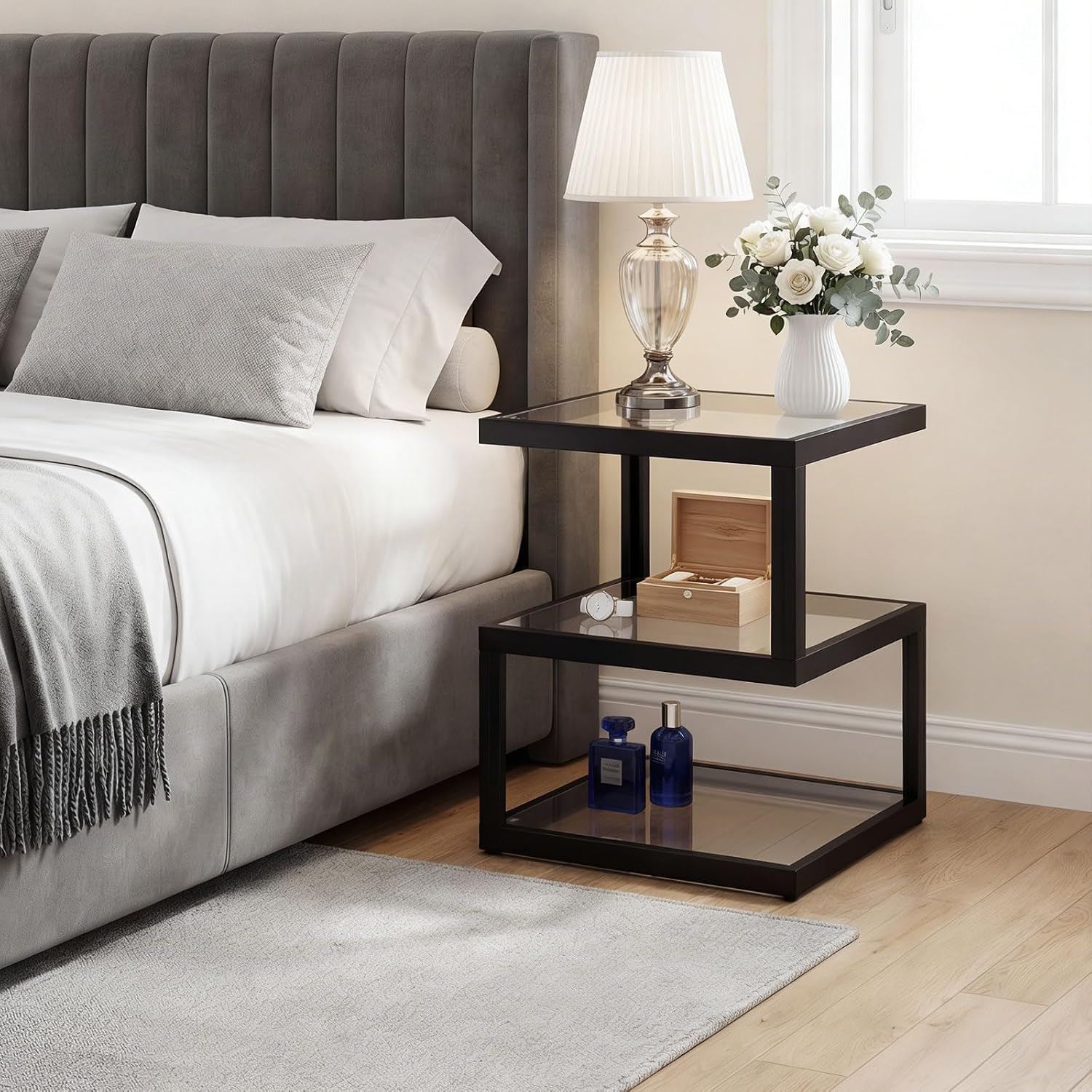3-Tier Tempered Glass Side Table with Metal Frame, USB Port and Dimmable Blue LED Light Strip for Living Room & Bedroom 15.7' x 15.7' x 19.7' (Square)