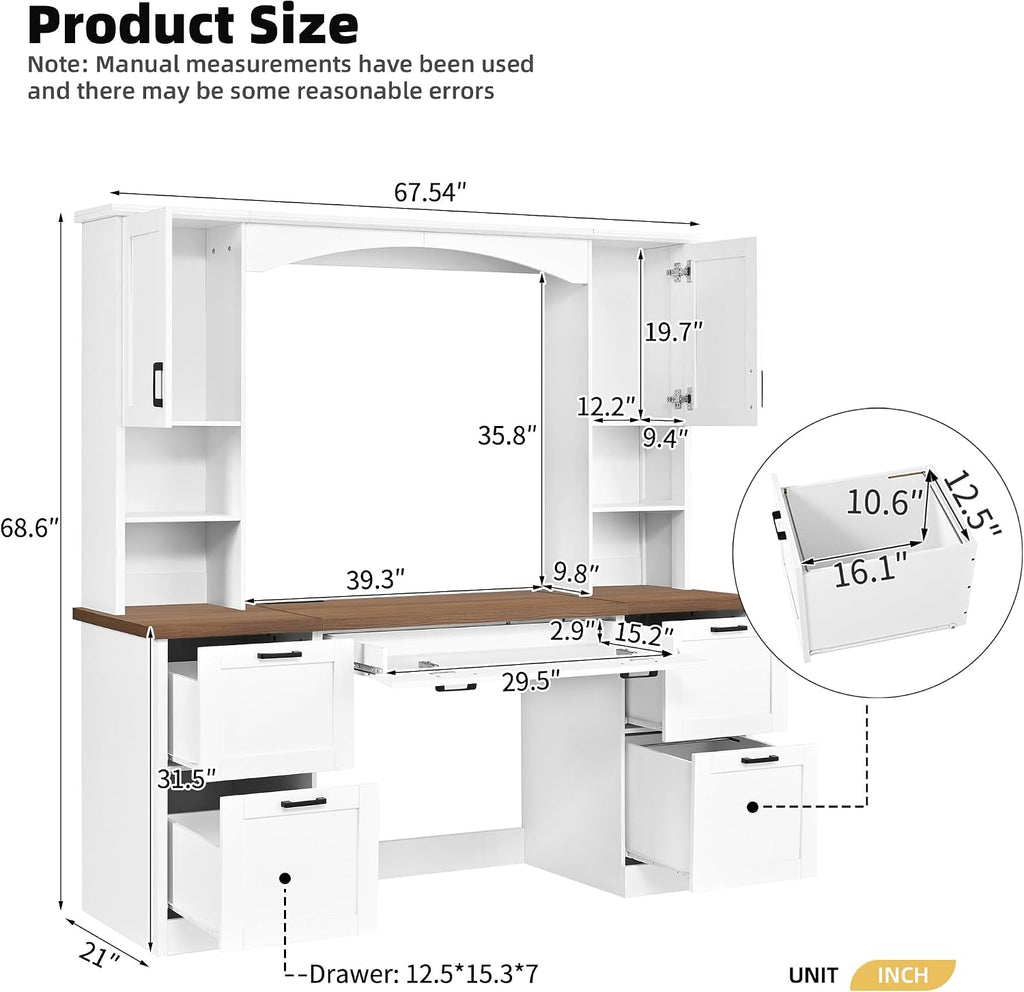 Farmhouse Arched Computer Desk with Hutch,Walnut Home Office Workstation with Charging Station & Keyboard Tray,All-in-One Writing Desk for Study, Office (White-FA)
