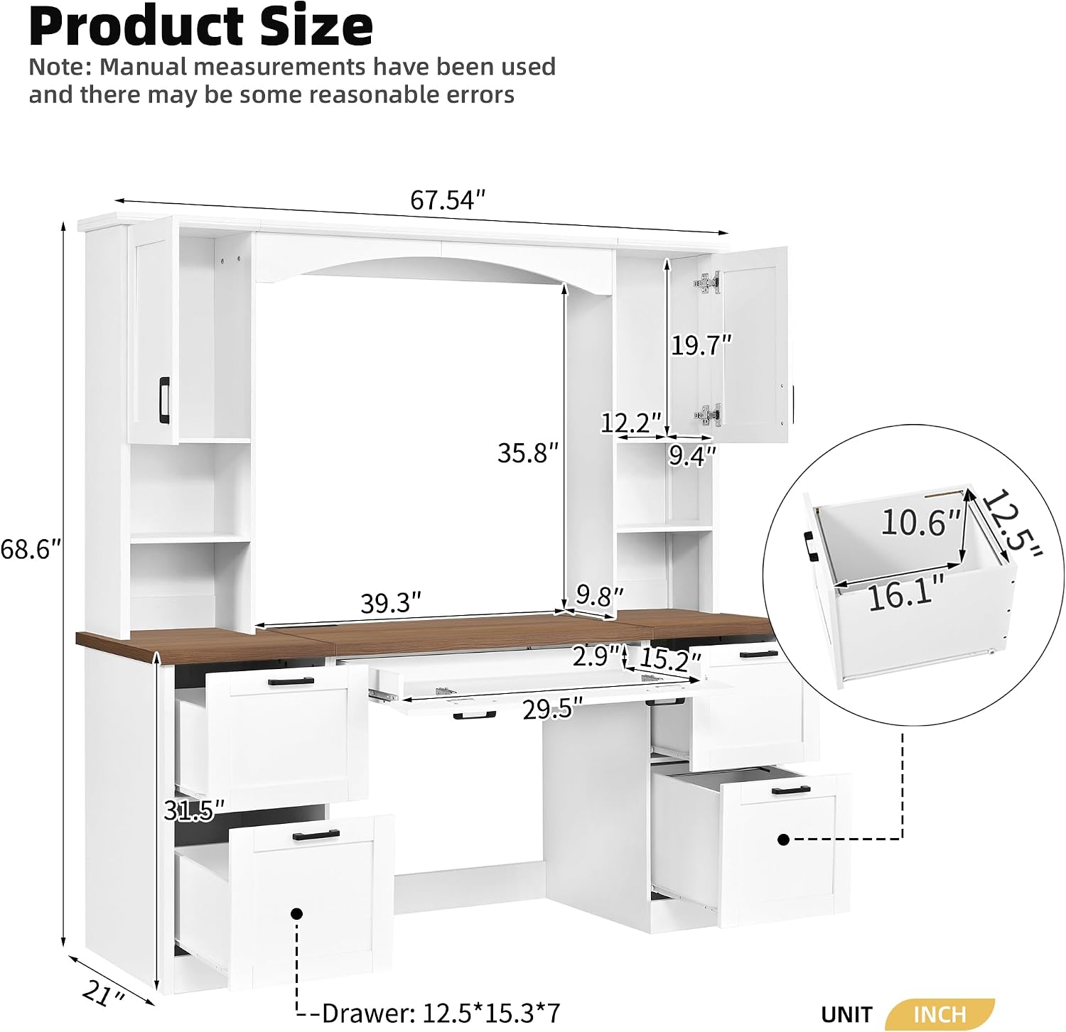 Farmhouse Arched Computer Desk with Hutch,Walnut Home Office Workstation with Charging Station & Keyboard Tray,All-in-One Writing Desk for Study, Office (White-FA)