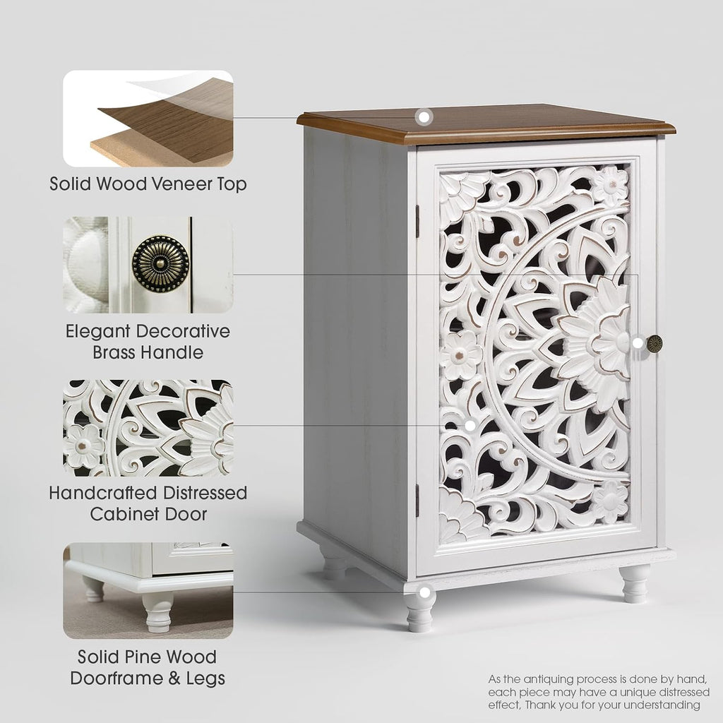 JOINICE Small Accent Cabinet with Carved Mandala Door, White Storage Cabinet with Solid Wood Legs & Adjustable Shelf, Boho Distressed End Table for Living Room, Bedroom, Entryway Side Table