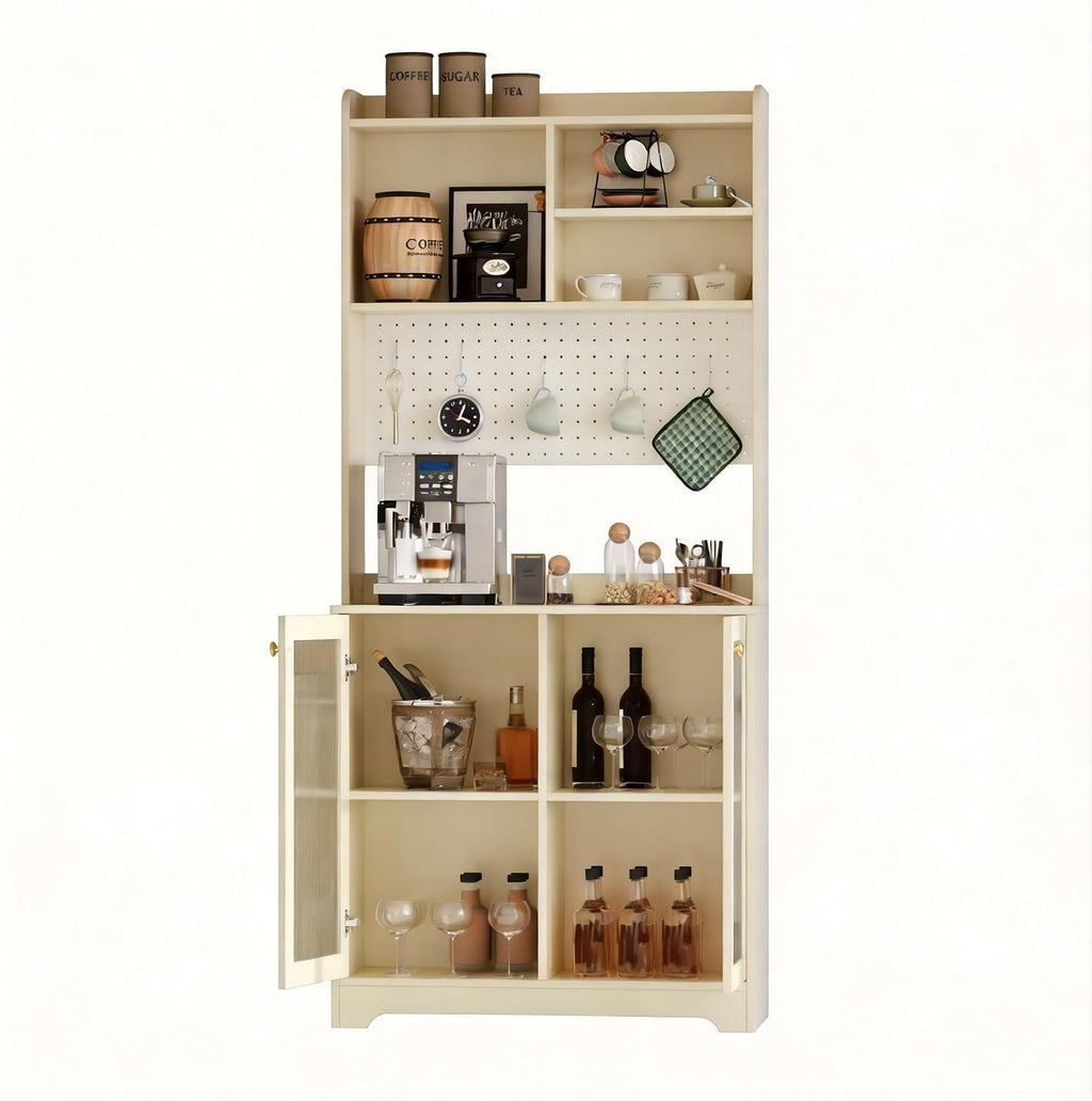 71' Tall Pantry Cabinet with 2 Glass Doors, Freestanding Kitchen Storage Cabinet with Open Storage & Adjustable Shelves, Modern Farmhouse Cupboard Coffee Bar for Dining Room, Living Room, Natural