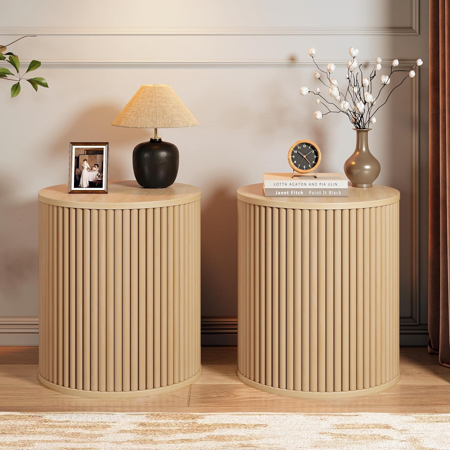 Round Fluted Side Table Set of 2, 15.7' Mid-Century Modern End Table with Storage, Wooden Bedside Table Round Nightstand Small Circle Sofa Accent Table for Living Room, Bedroom (Natural)