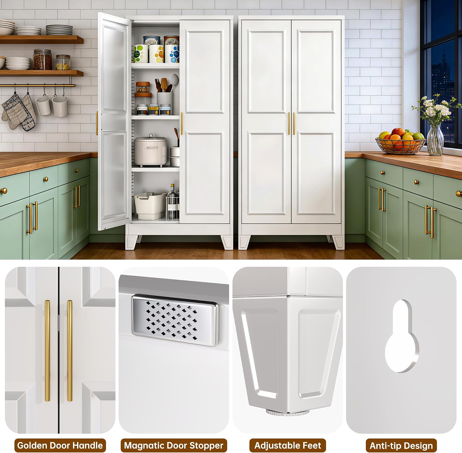 61.4' H Metal Pantry Cabinet with 3 Adjustable Shelves, Kitchen Pantry Cabinet with 2 Doors, Freestanding Food Cabinet for Kitchen, Home, Assembly Required, White