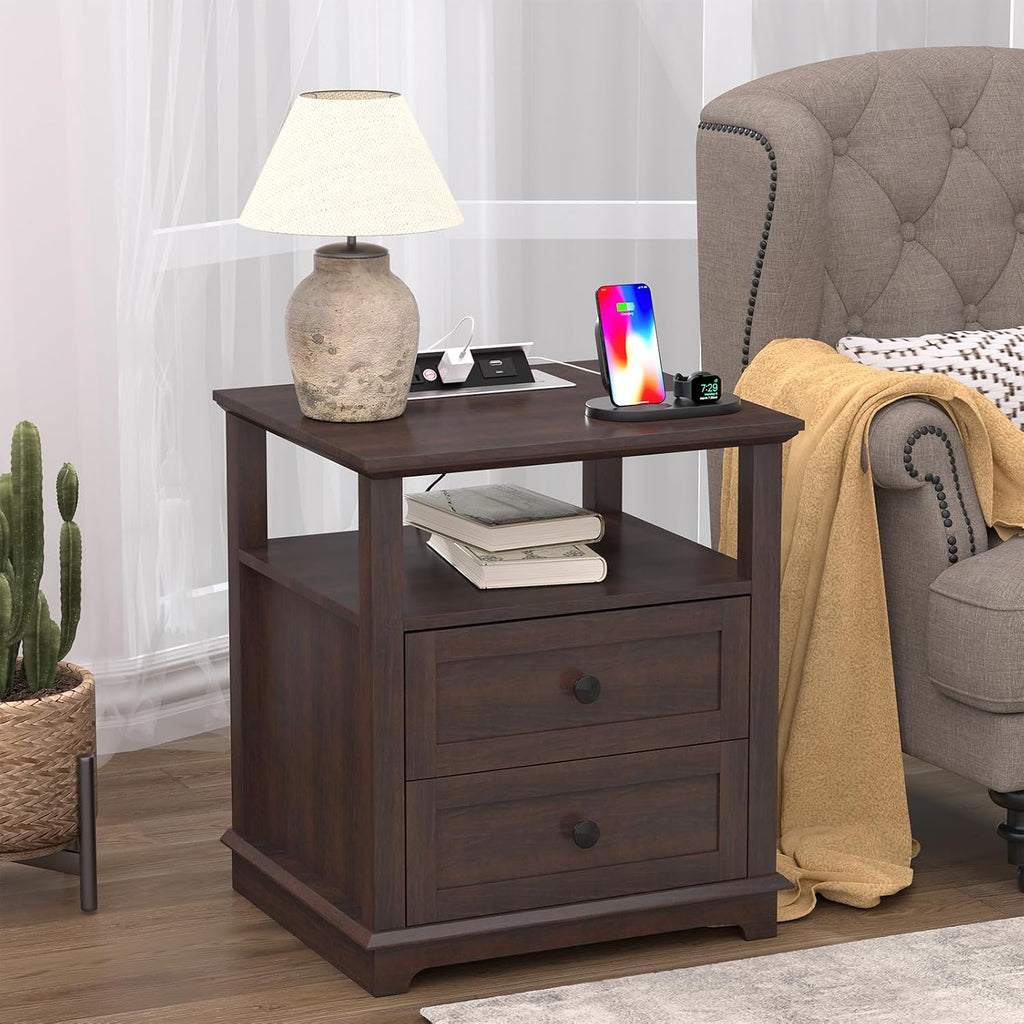 HIFYOBRO 24' Tall End Table with 2 Drawers and Charging Station, Type-C & USB Port & Power outlets, Wooden Storage Cabinet, 21' W Large Side Table with Storage for Living Room and Bedroom (Espresso)
