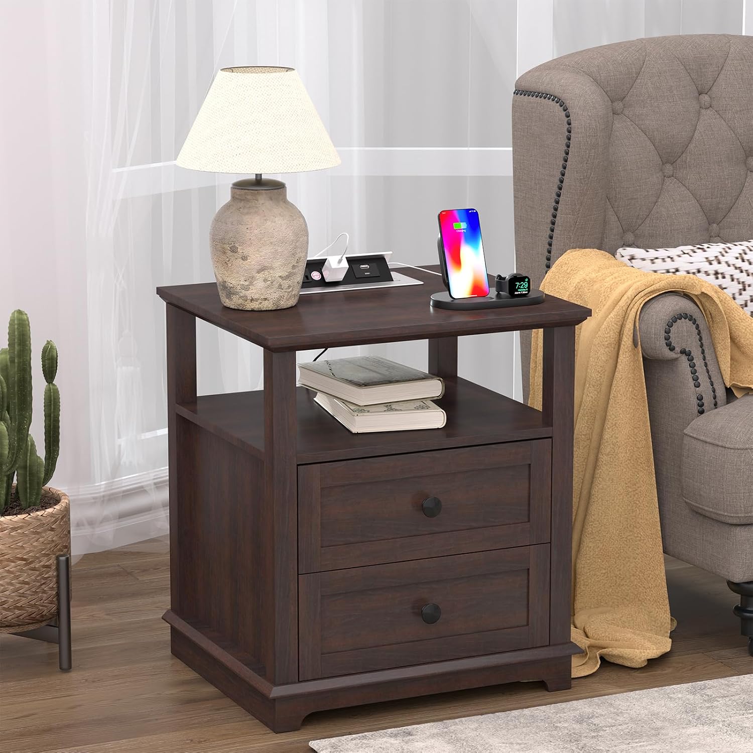 HIFYOBRO 24' Tall End Table with 2 Drawers and Charging Station, Type-C & USB Port & Power outlets, Wooden Storage Cabinet, 21' W Large Side Table with Storage for Living Room and Bedroom (Espresso)