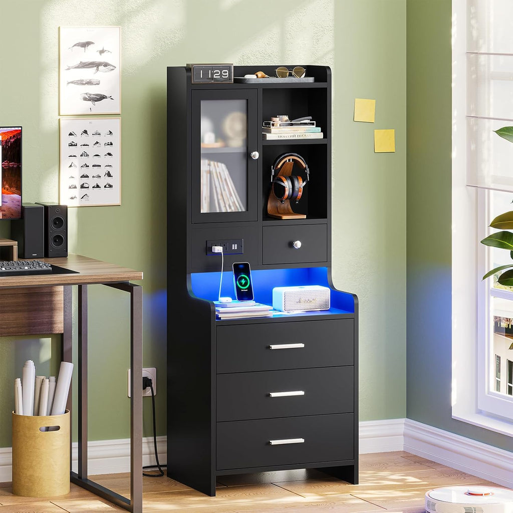 ADORNEVE Black Night Stand Set of 2 with Charging Station,49.2' LED Nightstand for Bedroom,Tall Bedside Table with Bookshelf and Drawers,Side Tables Bedroom,13.8' D x 17.7' W x 49.2' H