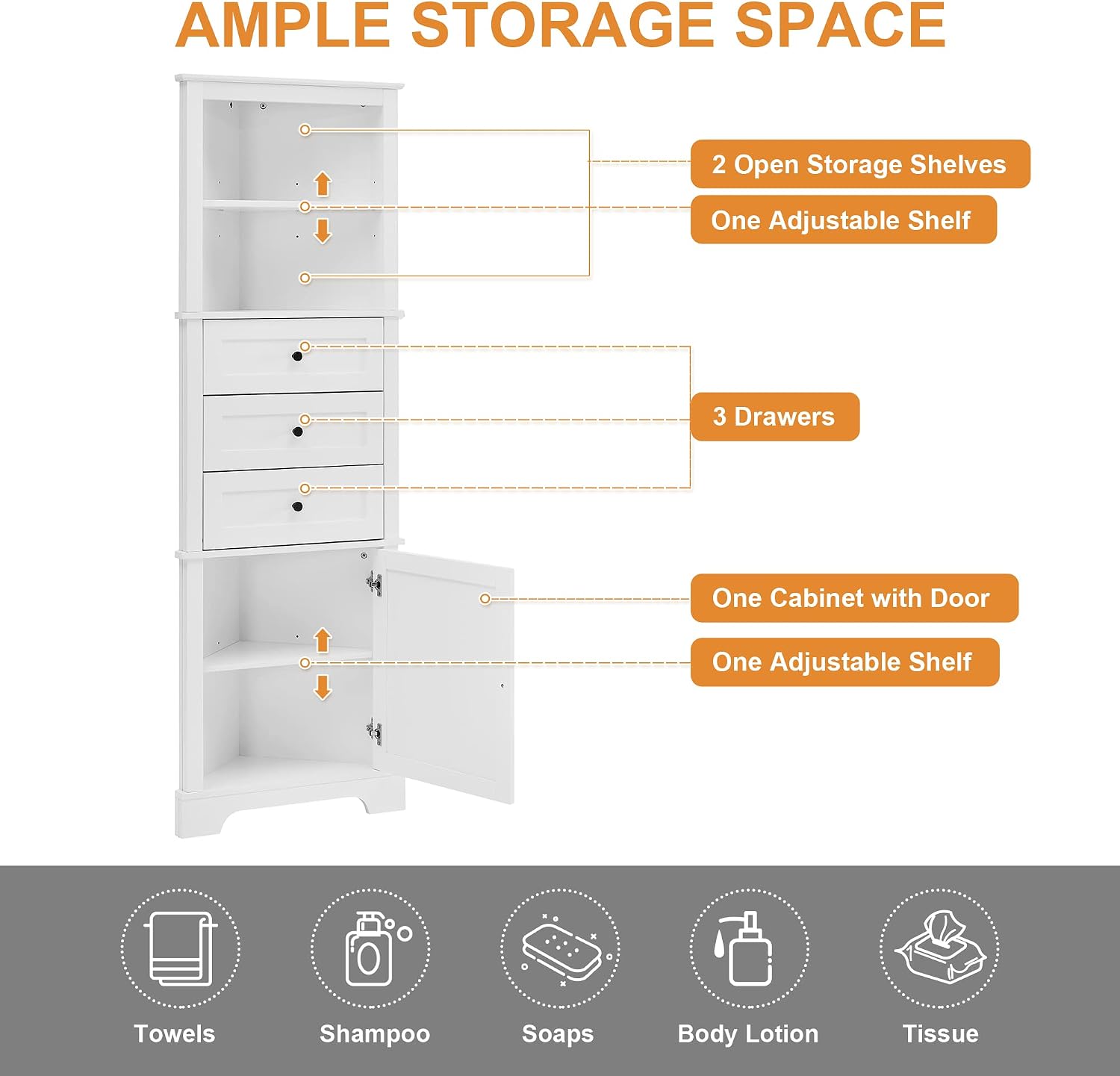 Corner Storage Cabinet with Adjustable Shelves, 68.9 in Tall | MDF, painted finish, adjustable shelves, corner fit, enclosed storage, bathroom, kitchen, 23 W x 13.4 D x 68.9 H in