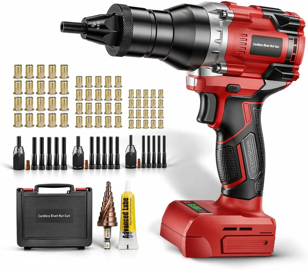 Electric Rivet Nut Tool Kit for Milwaukee 18V Battery(Not Included Battery), Rivet Nut Gun with 1/4', 5/16', 3/8' Head, Rivnut Gun with Auto Mode & Memory Function, for Metal Fabrication & Car Repair