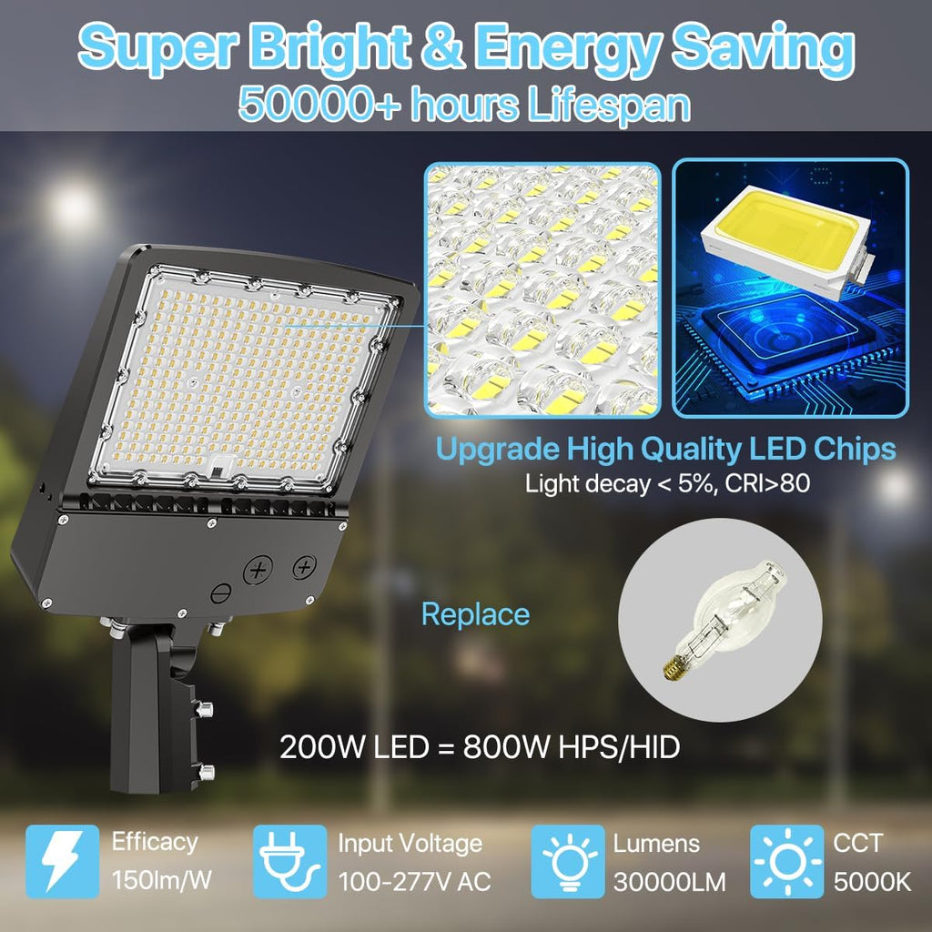 HYPERLITE Parking Lot Light 200W - 30000LM UL Listed Dusk to Dawn LED Parking Lot Light Pole with Slip Fitter - 5000K IP65 Outdoor Commercial Street Area Lighting for Driveway Sport Barn Yard, 3Pack