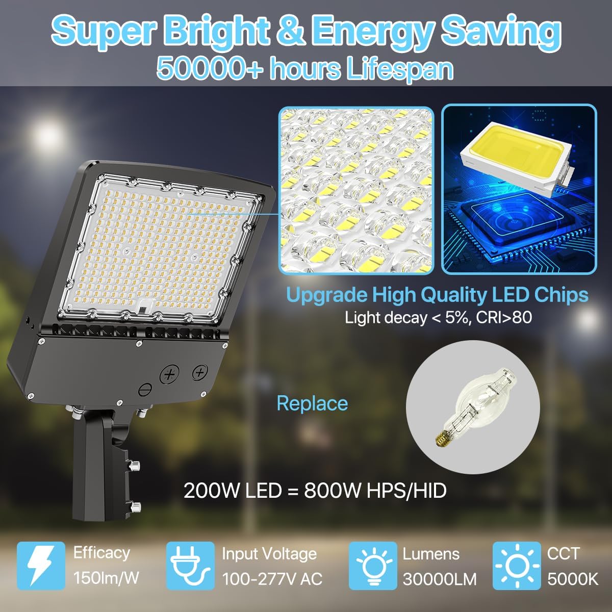 HYPERLITE Parking Lot Light 200W - 30000LM UL Listed Dusk to Dawn LED Parking Lot Light Pole with Slip Fitter - 5000K IP65 Outdoor Commercial Street Area Lighting for Driveway Sport Barn Yard, 3Pack