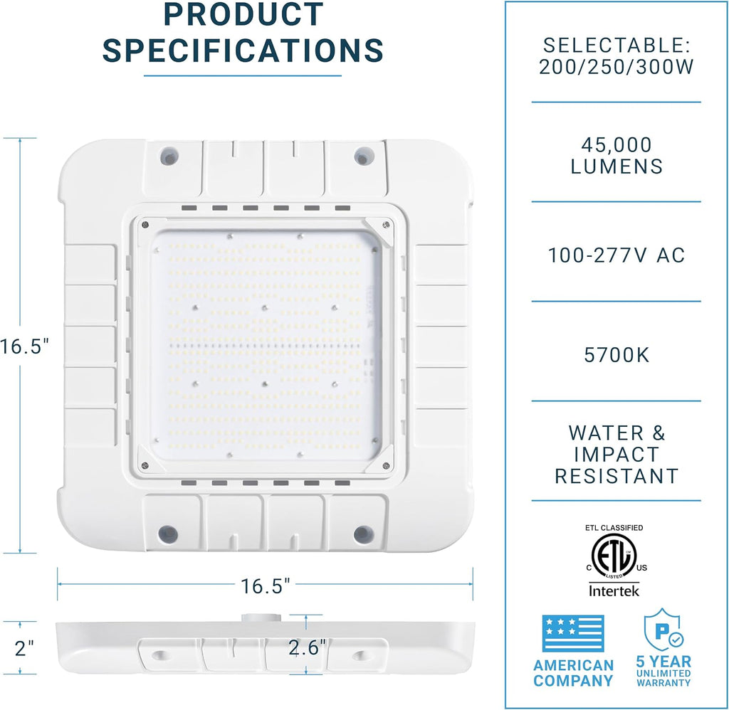 Parmida (4 Pack) LED Canopy Light, Wattage Selectable 200/250/300W, ETL, 0-10V Dimmable, 100-277VAC, IP65 Waterproof 5700K 16.5' x 16.5' Gas Station, Garage, Street, Outdoor Lighting, Commercial Grade
