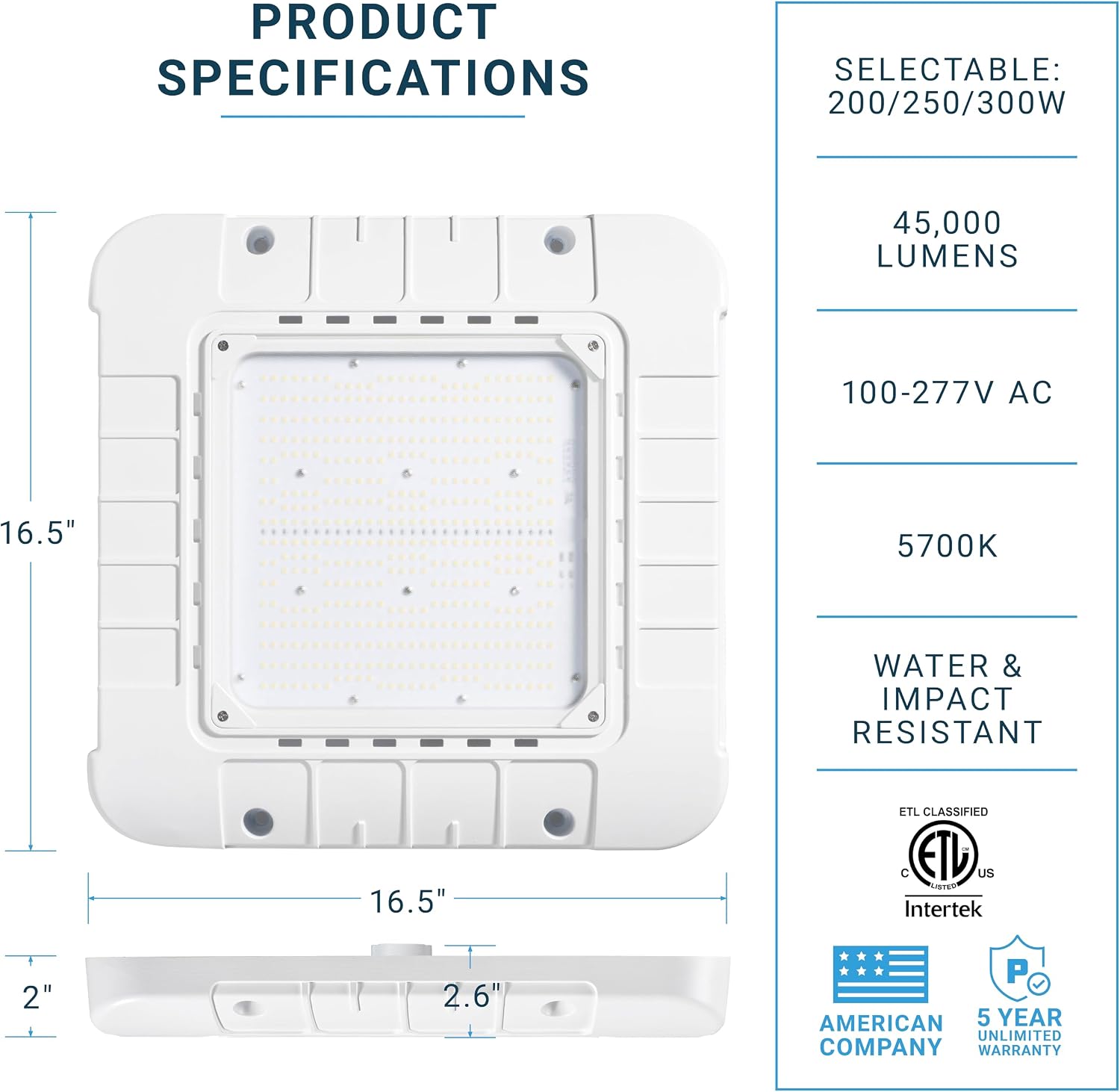 Parmida (4 Pack) LED Canopy Light, Wattage Selectable 200/250/300W, ETL, 0-10V Dimmable, 100-277VAC, IP65 Waterproof 5700K 16.5' x 16.5' Gas Station, Garage, Street, Outdoor Lighting, Commercial Grade