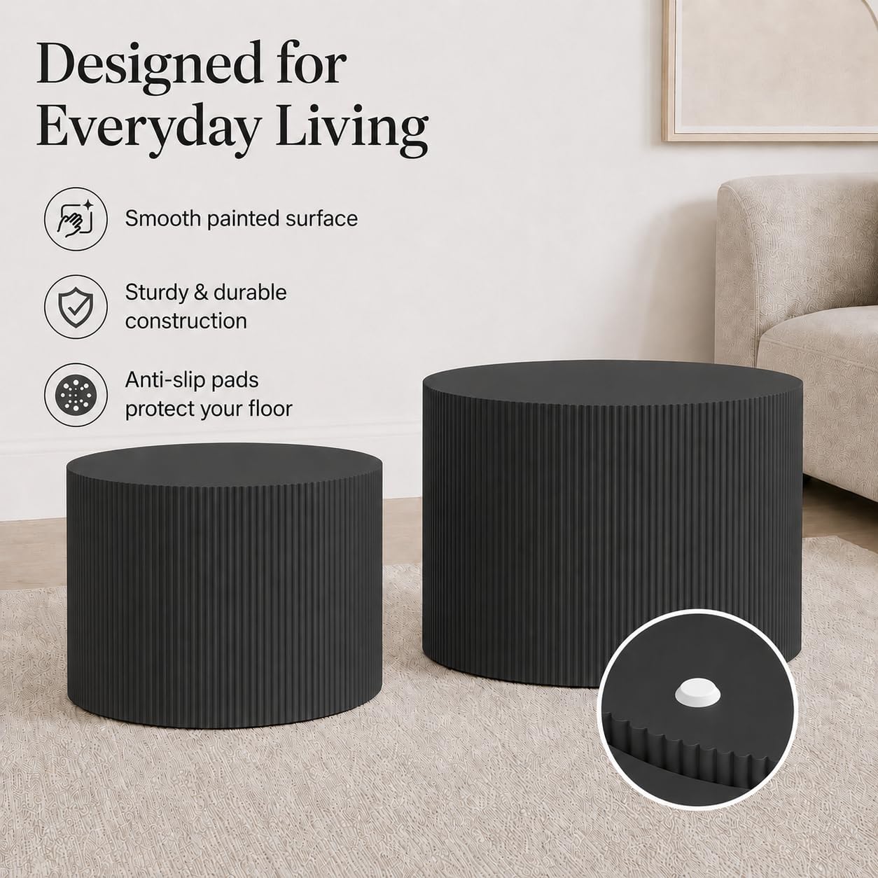 Otterease Round Coffee Table Set of 2, Modern Wooden Black Nesting Tables for Living Room, No Assembly Required Circle Side Tables Set Accent End Table for Bedroom, Balcony
