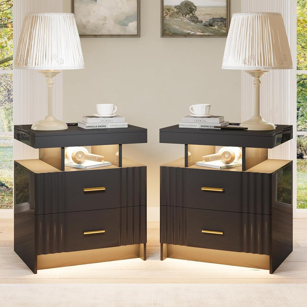 Nightstand with Wireless Charging Station,Set of 2 Bedroom Bedside Table with RGB Lights, Smart Night Stand with 2 Drawers, Bedside Tables Modern Bedside Table for Bedroom, Living Room(Black)