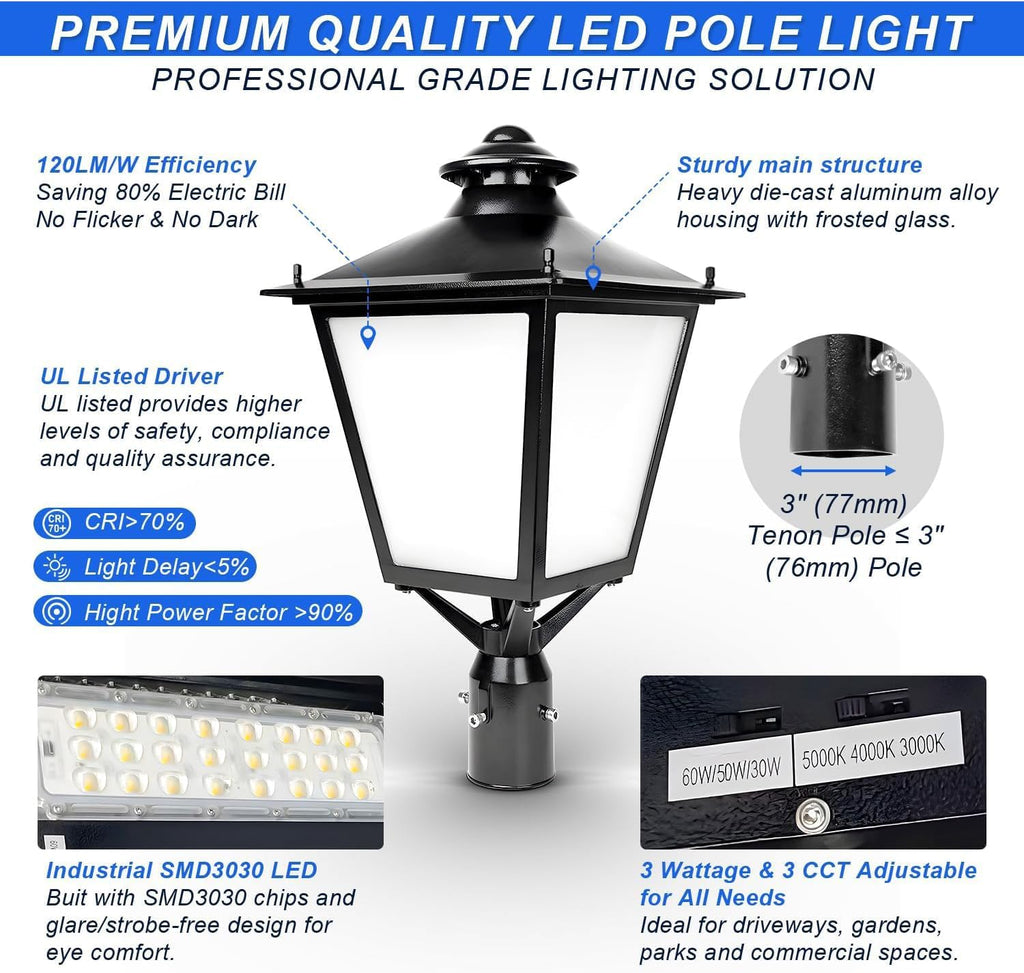 LED Post Top Light 60W/50W/30W Power Tunable, 3CCT 3000K/4000K/5000K Outdoor Post Pole Lights, IP65 Waterproof LED Parking Lot Light for Garden Yard Street Lighting, AC100-277V UL Listed