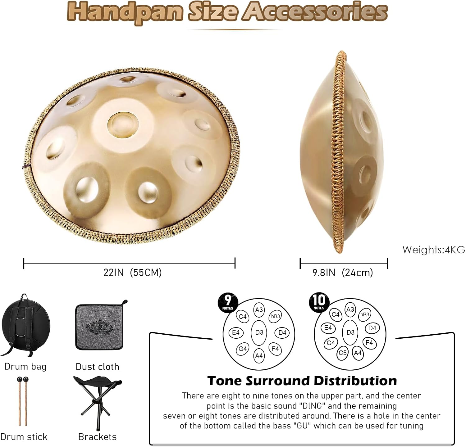 Handpan 22 Inches Drum Set, 440Hz 10 Notes Hand Drum Instrument, Premium Steel Hand Drum, Includes Carrying Case, Drumsticks, Spiral Wraps, Instruction Guide