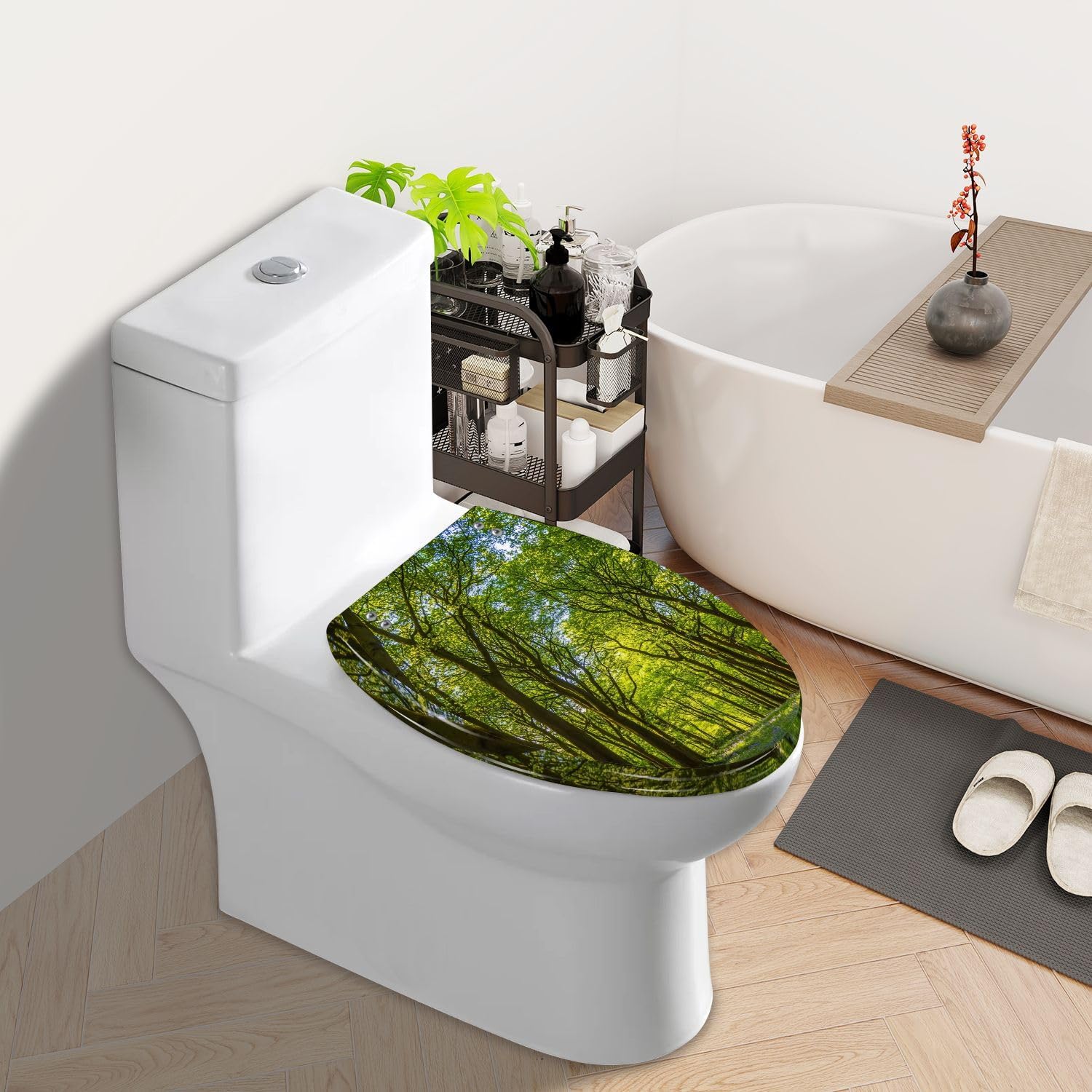 Elongated Toilet Seat Looking up idyllic oak forest canopy green Resin Toilet Seat Slow Quiet Close with Quick-Release Hinges Toilet Seat with Cover Easy to Clean Install