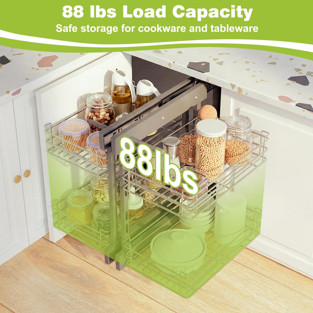 Blind Corner Pull Out Organizer for 36' Cabinet Left Open & Right Open Compatible 2 Tier 4 Shelves Adjustable Height