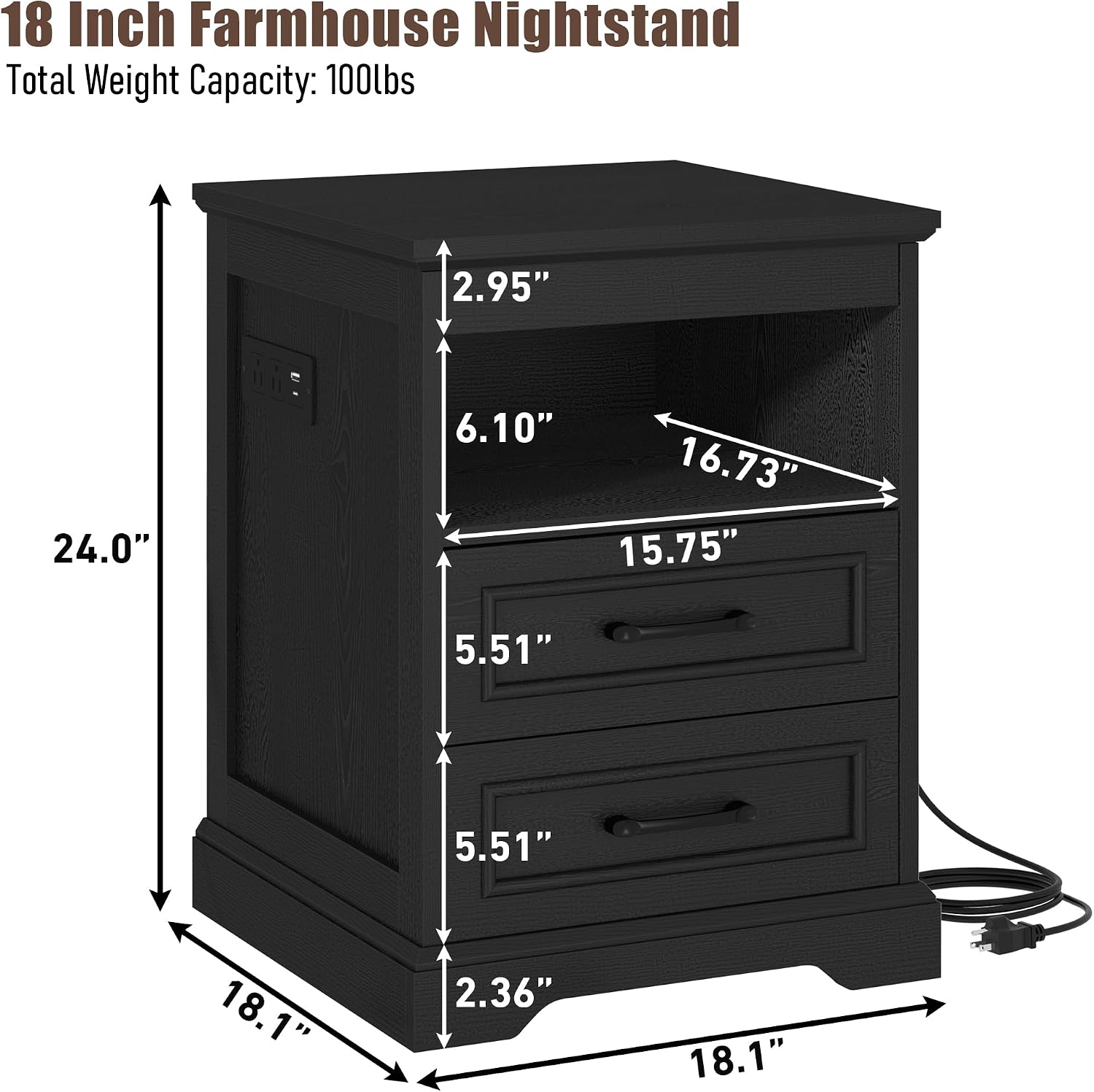 Gadroad 18' Farmhouse Accent Nightstand with Charging Station, End Table with 3 Drawers Storage, Side Table, Bedside Cabinet for LivingRoom Bedroom Office, Black