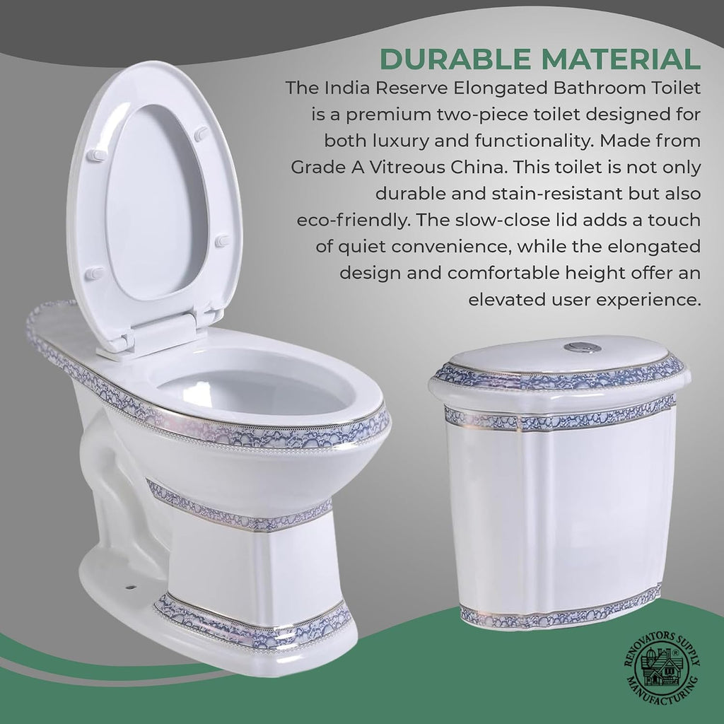 Renovators Supply Manufacturing Dual Flush 2-Piece Elongated Toilet, India Reserve Style with Slow Close Seat, 0.8/1.6 GPF Water Saving, Blue and Gold Vitreous China