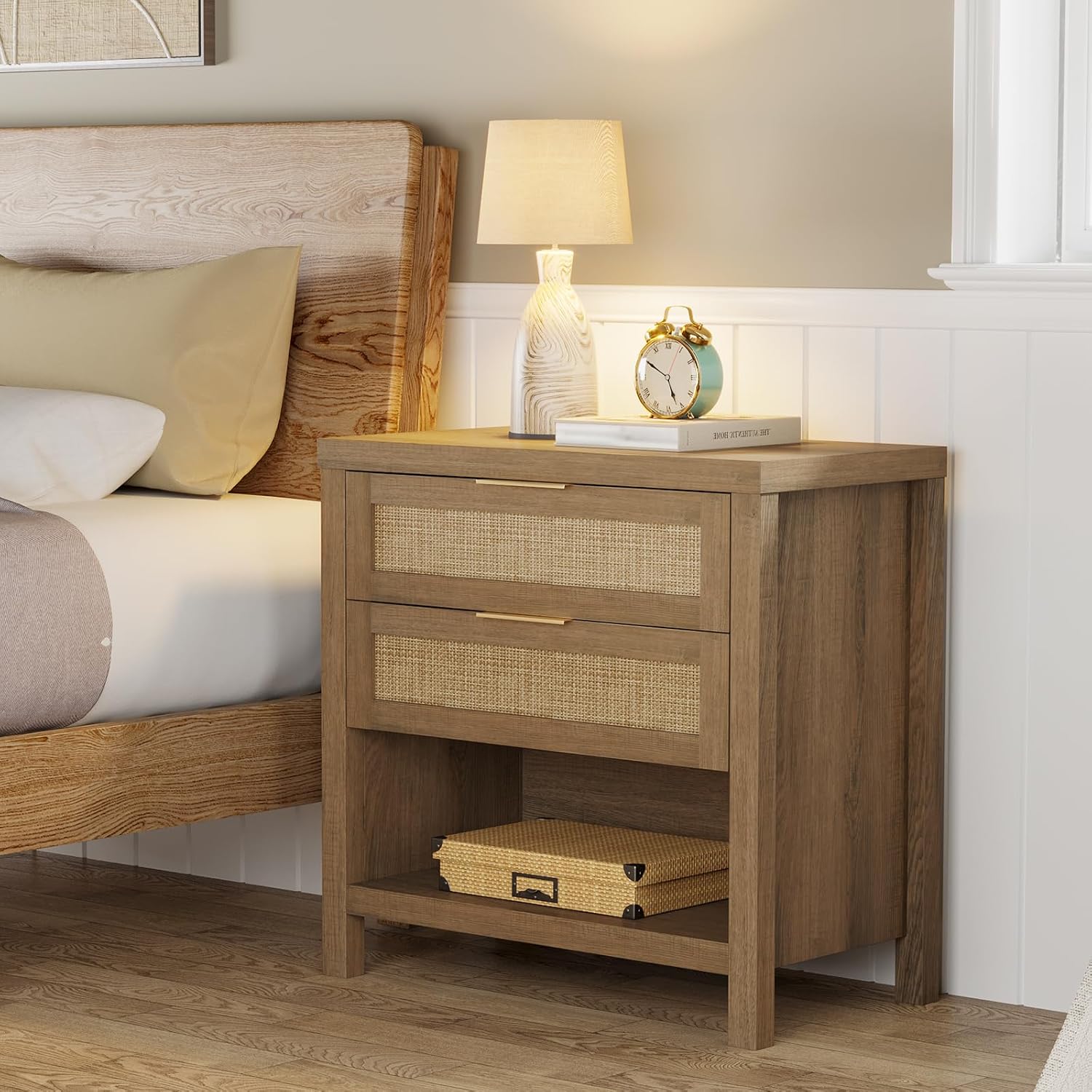 Eclatara Rattan Nightstands, Farmhouse Bedside Table with 2 Drawers and Storage Shelf, Rattan Boho Accent Night Stands for Bedroom Large Space Sofa (1, Reclaimed Caramel Oak)