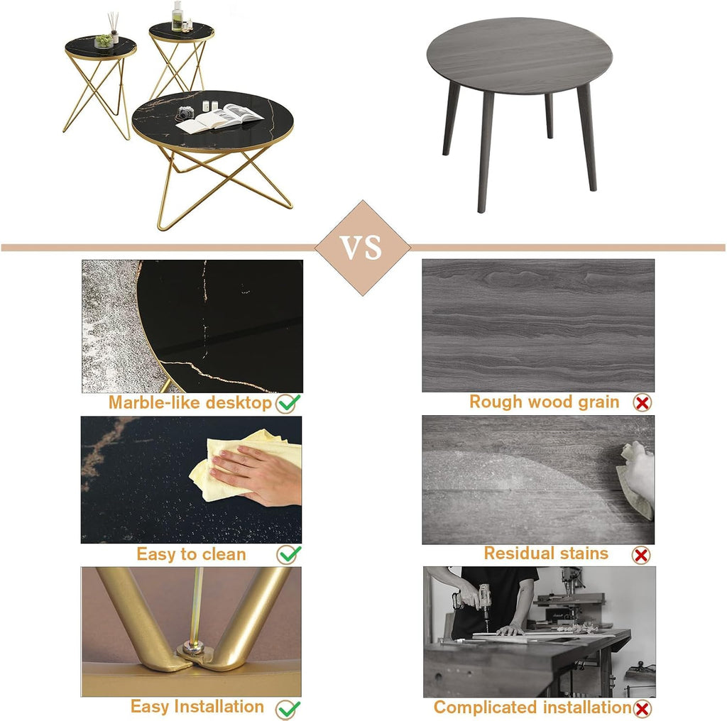 HLR Modern Round Coffee Table and Side Table Set of 3,End Table with Faux Marble Top and Gold Metal Frame, Side Table for Living Room, Bedroom, Sofa and Couch, Gold Legs, Black Marble Top