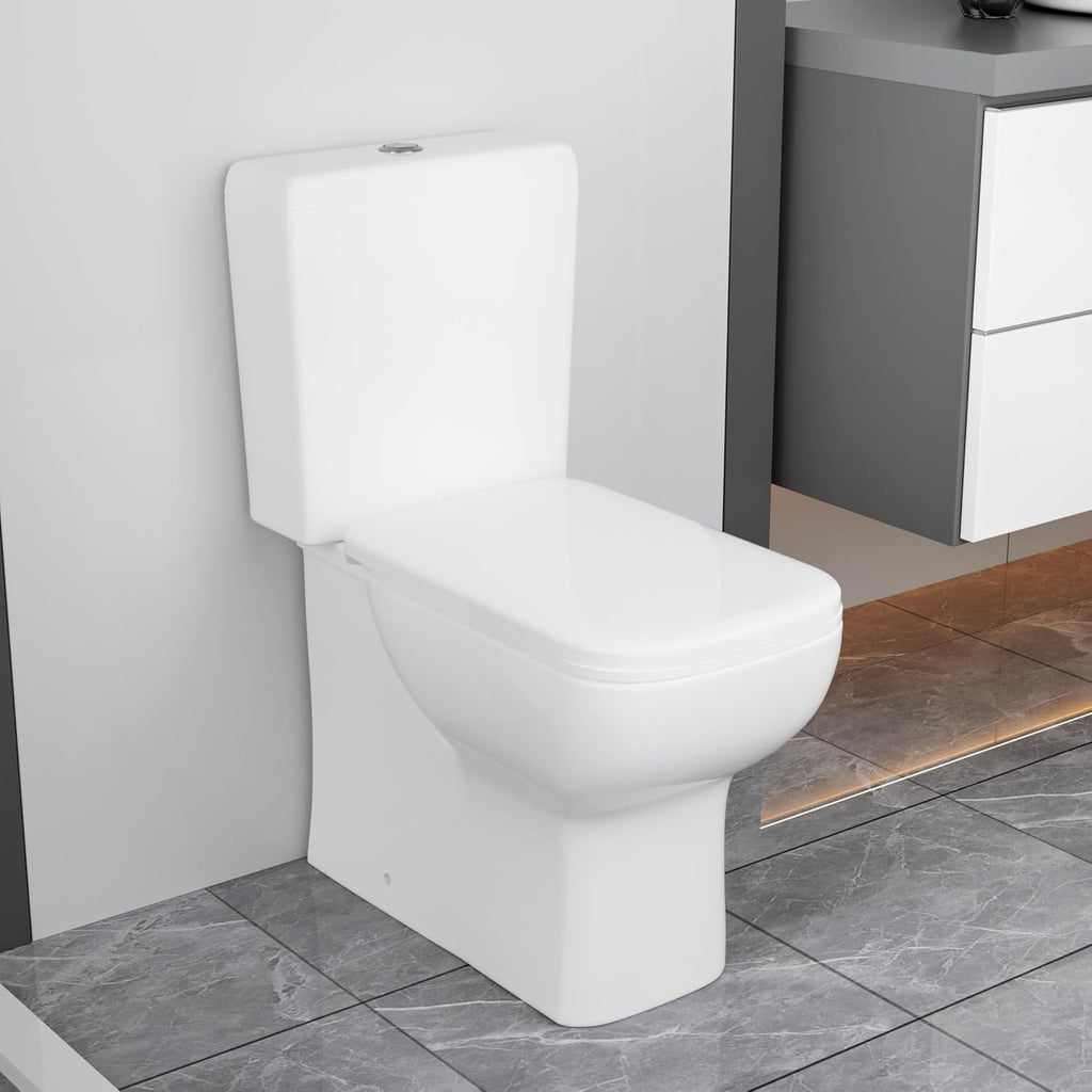 WinZo WZ5813 Rear Outlet Toilet Two Piece Square Design with Dual Flush 1.1/1.6 GPF P Trap Wall Discharge for Bathroom, White