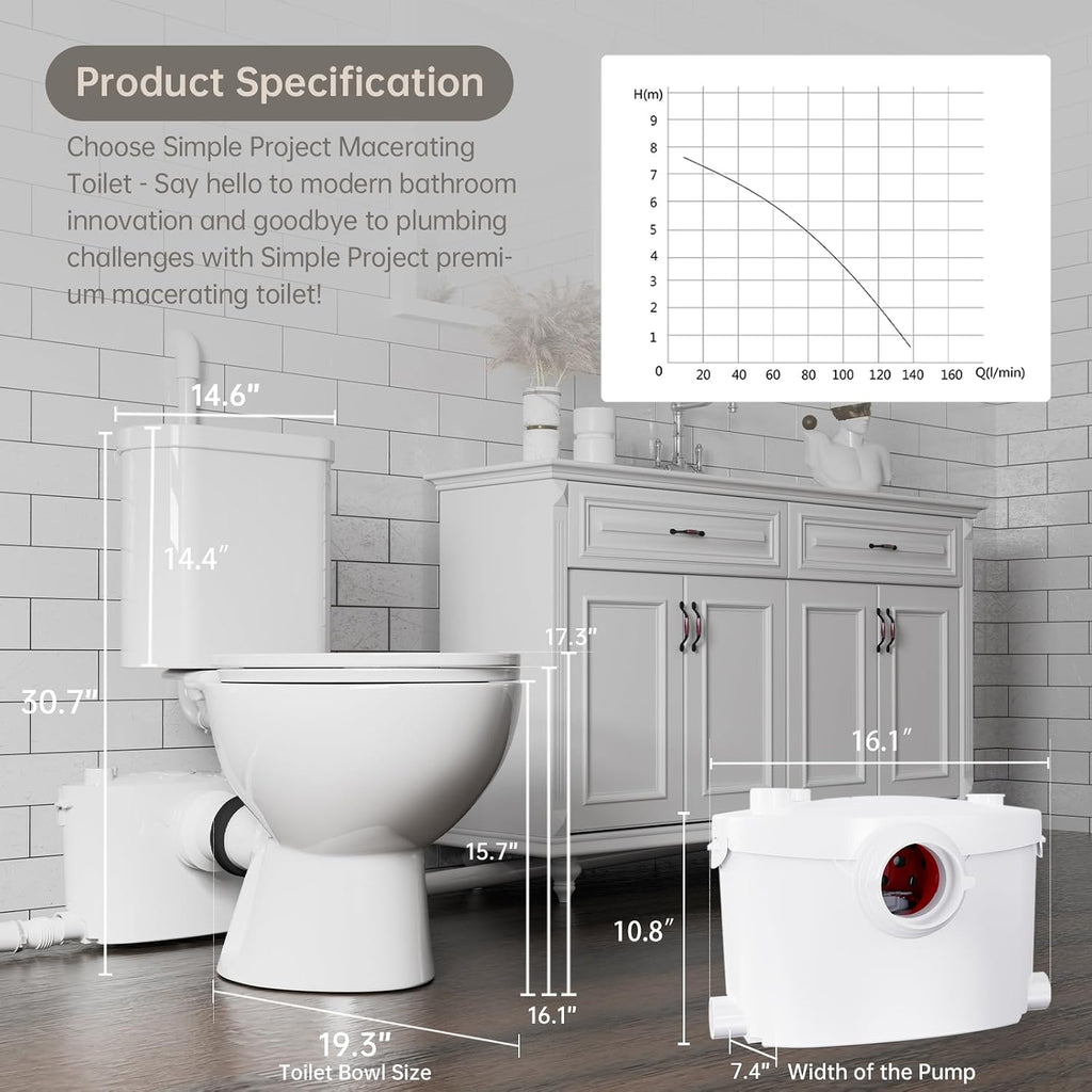 Simple Project 600w Upflush Toilets For Basement, Macerating Toilets Upflush System Kit - Included Silent & Powerful Basement Toilet Pump System With 4 Water Inltes For Upflow Toilet, Shower, Sink
