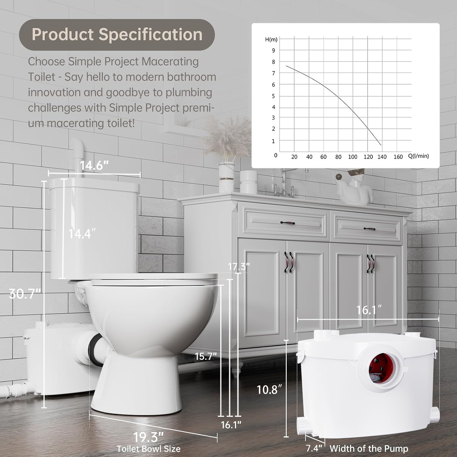 Simple Project 600w Upflush Toilets For Basement, Macerating Toilets Upflush System Kit - Included Silent & Powerful Basement Toilet Pump System With 4 Water Inltes For Upflow Toilet, Shower, Sink