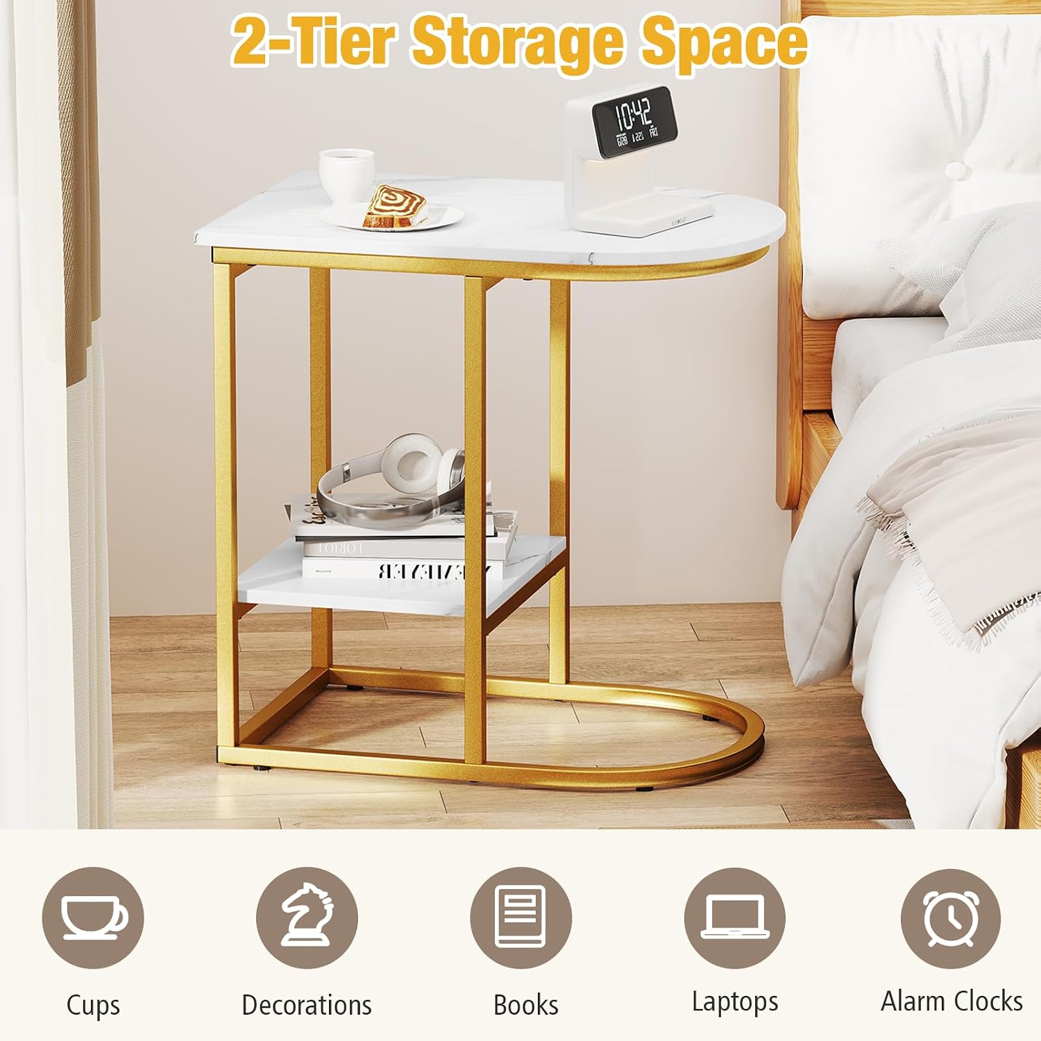 Giantex C Shaped End Table Set of 2, Modern Sofa Side Table with Faux Marble Tabletop & Storage Shelf, Slide Under Sofa Bed, 2-Tier Couch Table for Small Spaces Living Room Bedroom, White