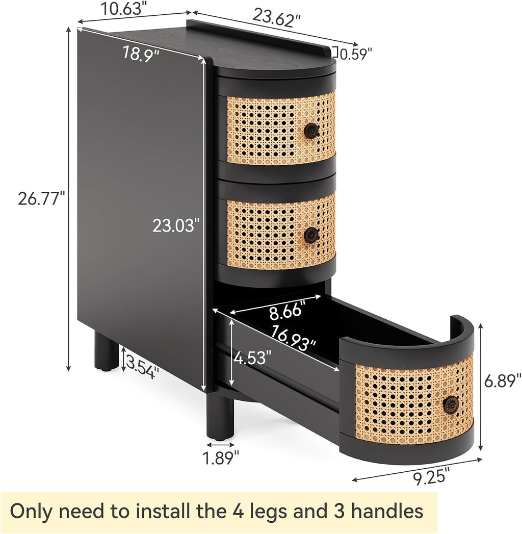 LITTLE TREE End Table, Rattan Narrow Side Table with 3 Drawers, No Assembly Required, Solid Wood Nightstand, Bedside Table for Living Room, Bedroom, Office, Bathroom, Black