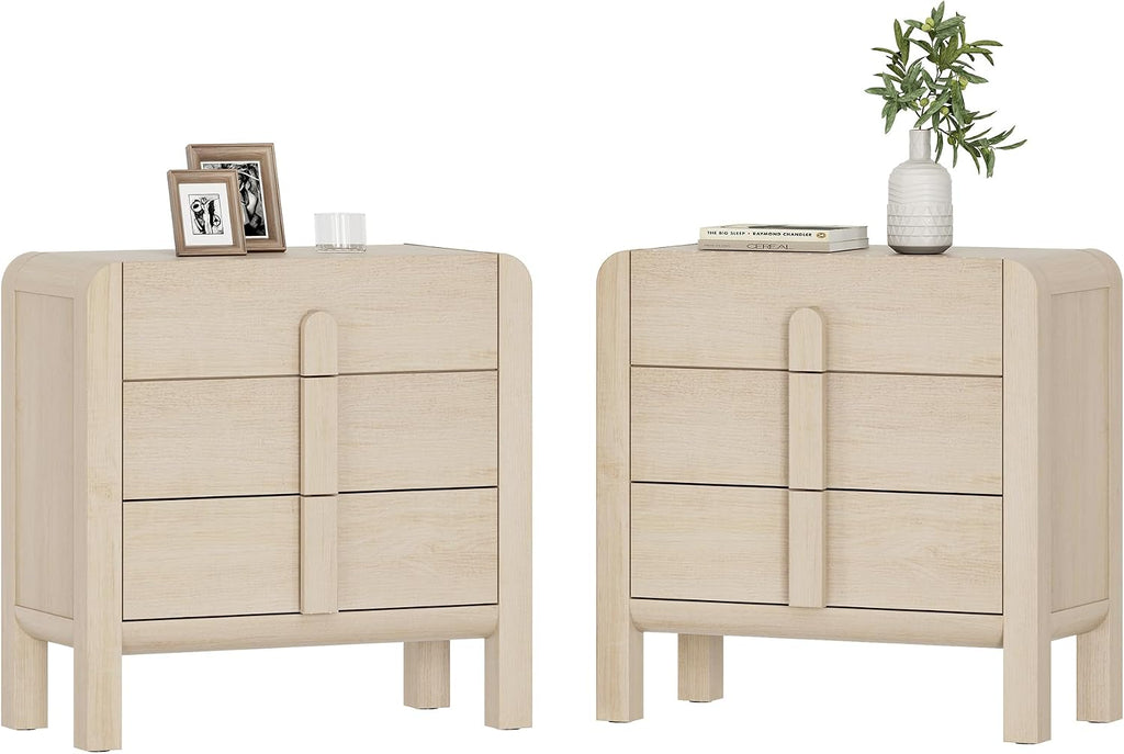 WAMPAT Nightstands Set of 2, Large Nightstands with 3 Drawers, 31.5' Tall Wooden End Tables with Storage, Modern Beige Nightstands Bedside Tables with Curved Design for Bedroom