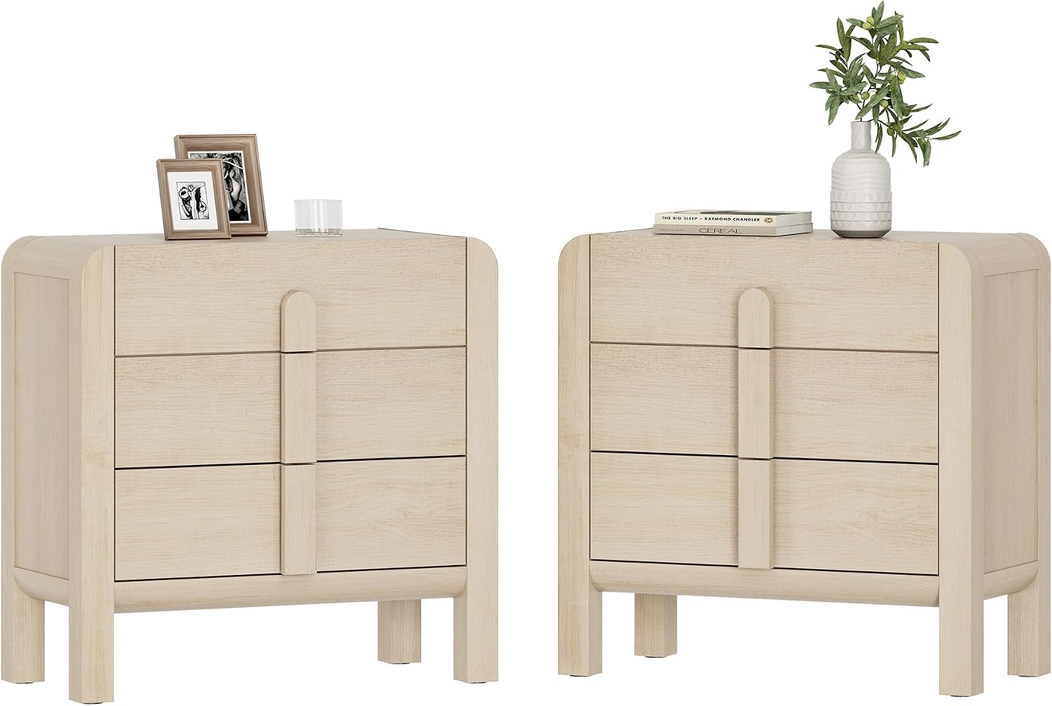 WAMPAT Nightstands Set of 2, Large Nightstands with 3 Drawers, 31.5' Tall Wooden End Tables with Storage, Modern Beige Nightstands Bedside Tables with Curved Design for Bedroom