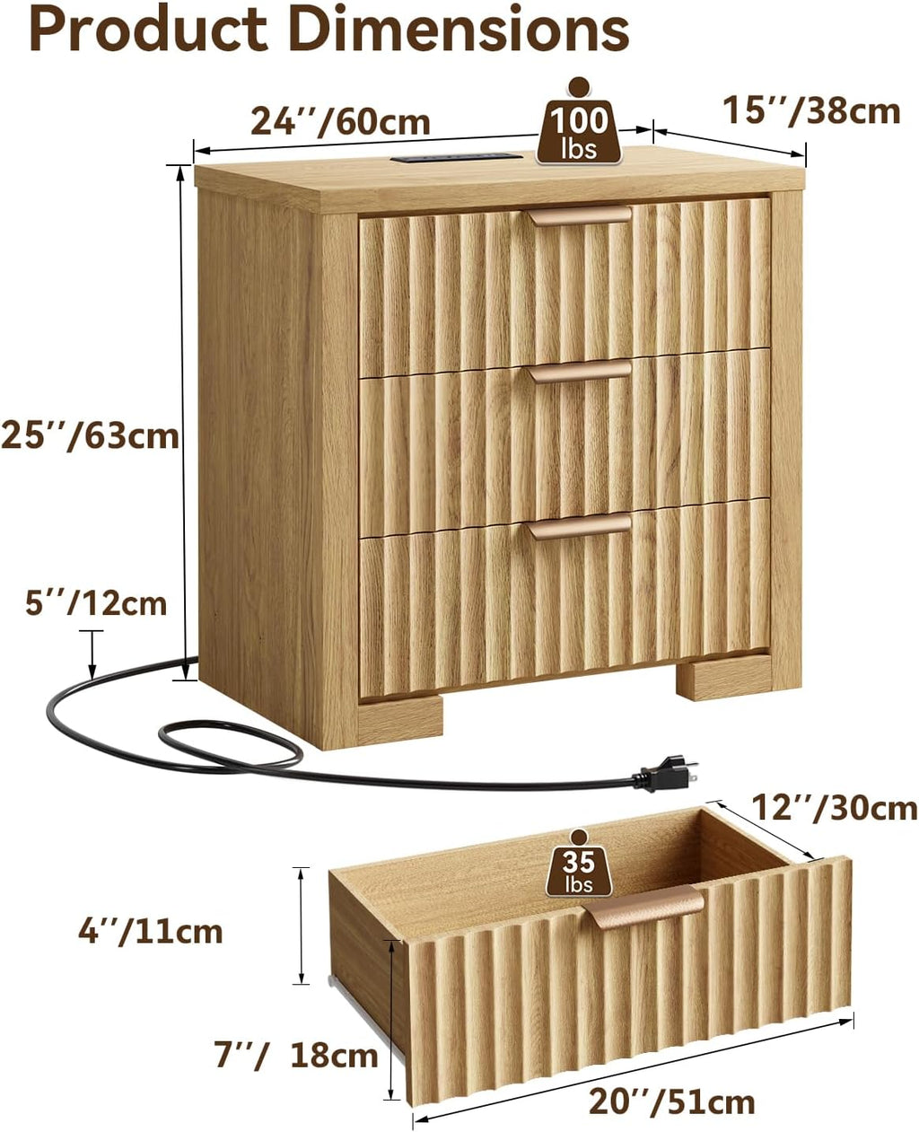24' Fluted Night Stand with Charging Station, Wood Bedside Table with 3 Drawers, Modern nightstand for Bedroom, Office, Natural Oak