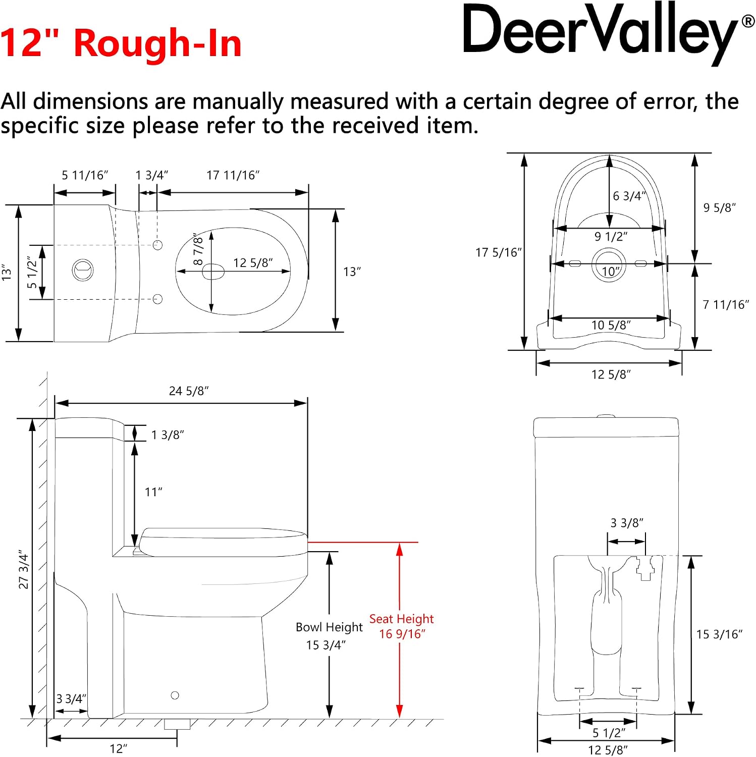 DeerValley Compact One Piece Toilet for Small Bathrooms with Soft Close Seat 12 Inch Rough Dual Flush 0.8/1.28 GPF Toilets In White