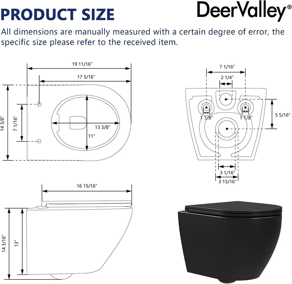 DeerValley In-Wall Toilet Combo Set and Carrier System, Wall Hung Toilet with Tank, Wall Mounted Toilet with Soft Closing Seat, 1.1GPF/1.6 GPF Dual Flush, Black (2 Packages Separately)