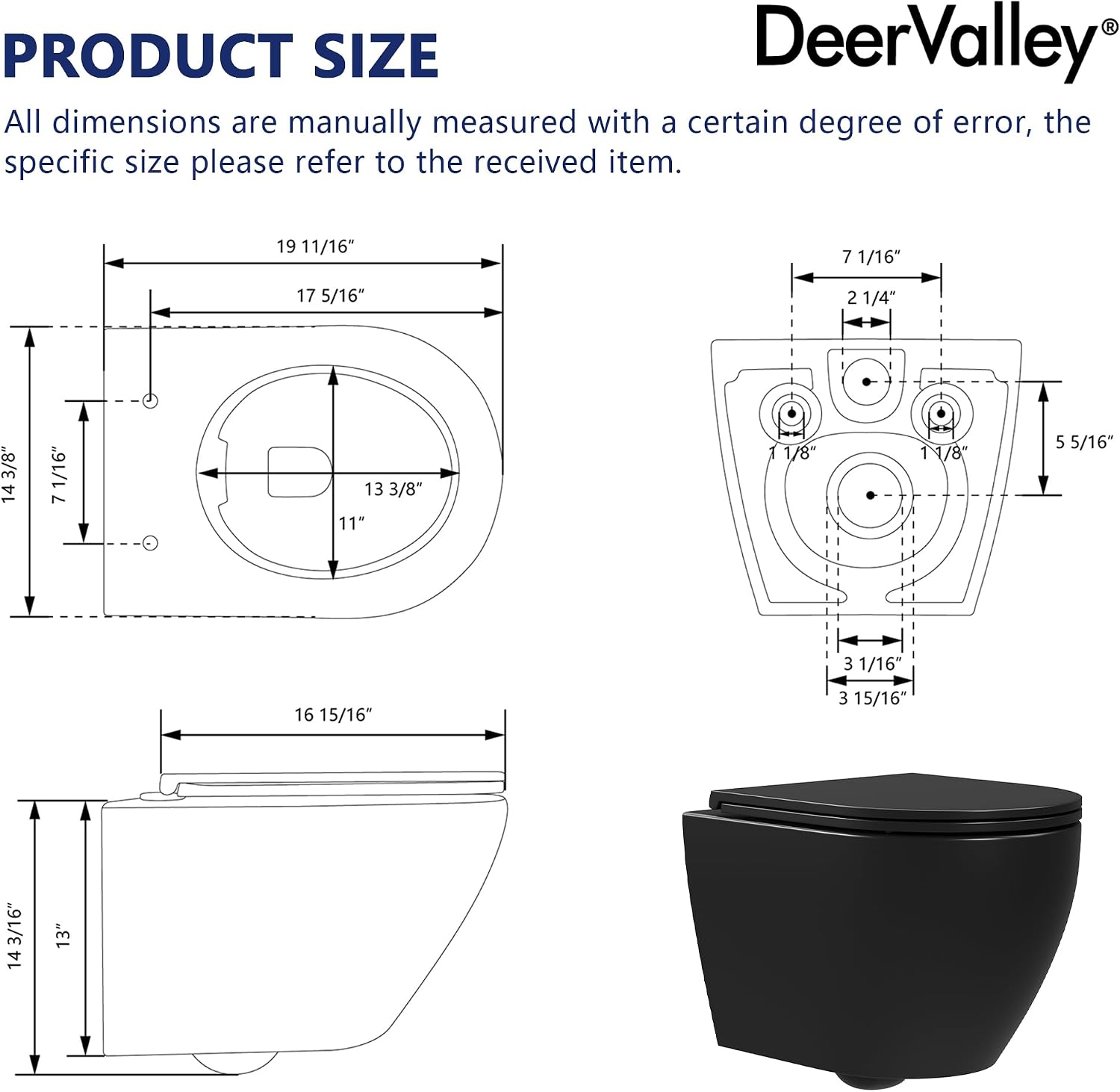 DeerValley In-Wall Toilet Combo Set and Carrier System, Wall Hung Toilet with Tank, Wall Mounted Toilet with Soft Closing Seat, 1.1GPF/1.6 GPF Dual Flush, Black (2 Packages Separately)
