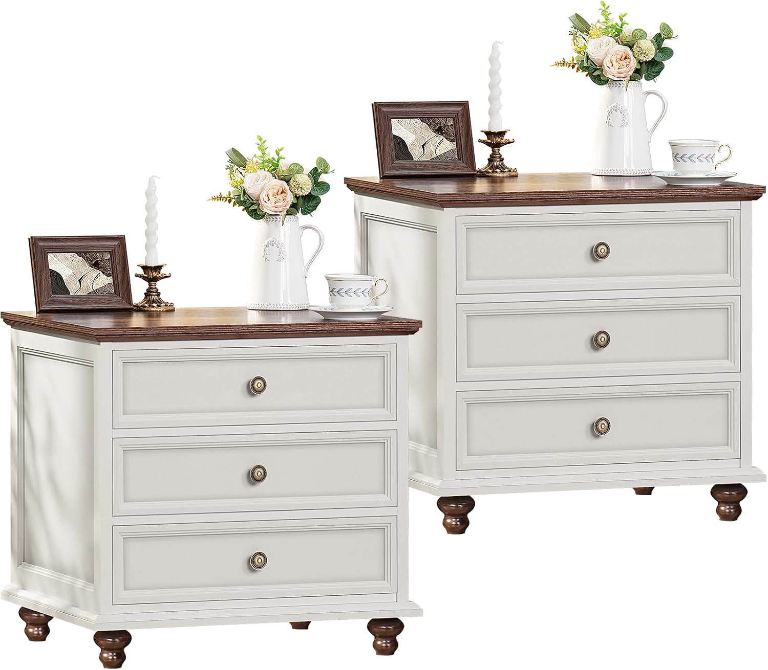 Joaxswe 24' Wide Farmhouse Night Stand Set of 2,Large End Table with 3 Drawers & Metal Handle,White Wood Dresser for Bedroom, Bed Side Table Chest of Drawers Cabinet, Nightstand for Living Room,Closet